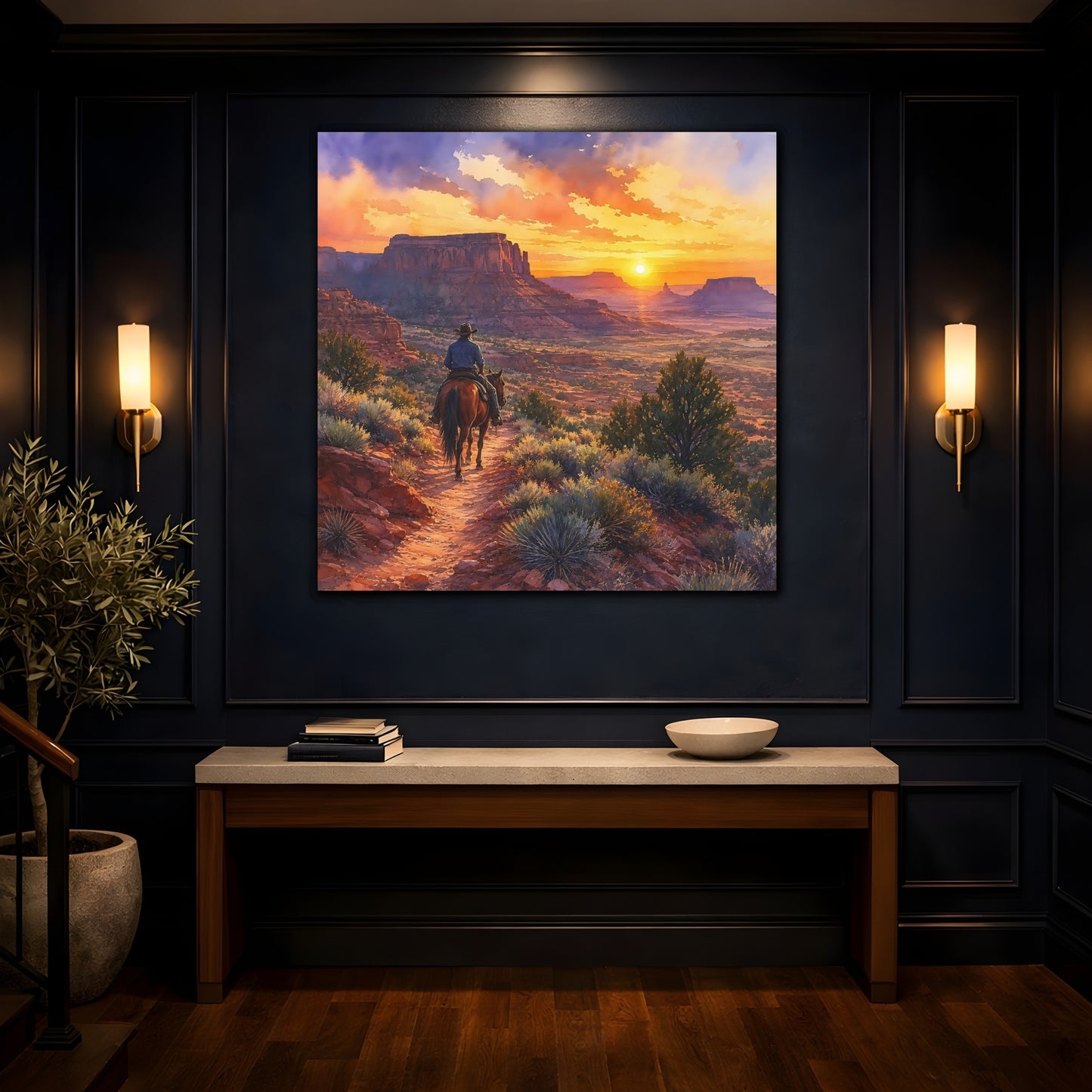 Mockup 4. Nature Cowboy Riding Western Desert Sunset shown as stretched canvas wall art