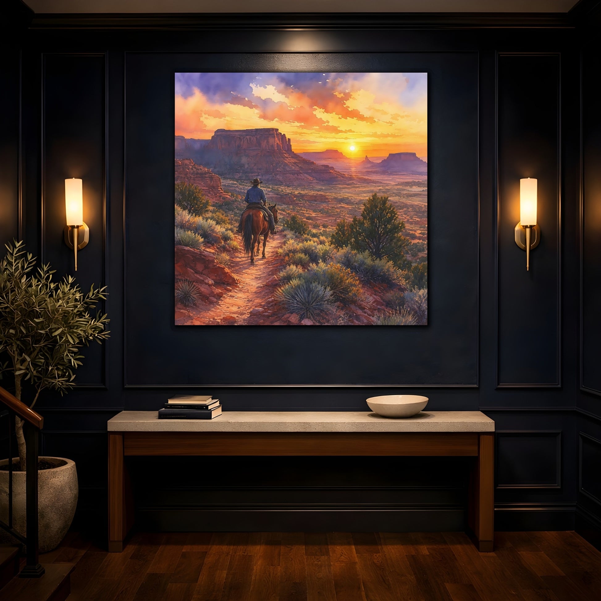 Mockup 4. Nature Cowboy Riding Western Desert Sunset shown as stretched canvas wall art