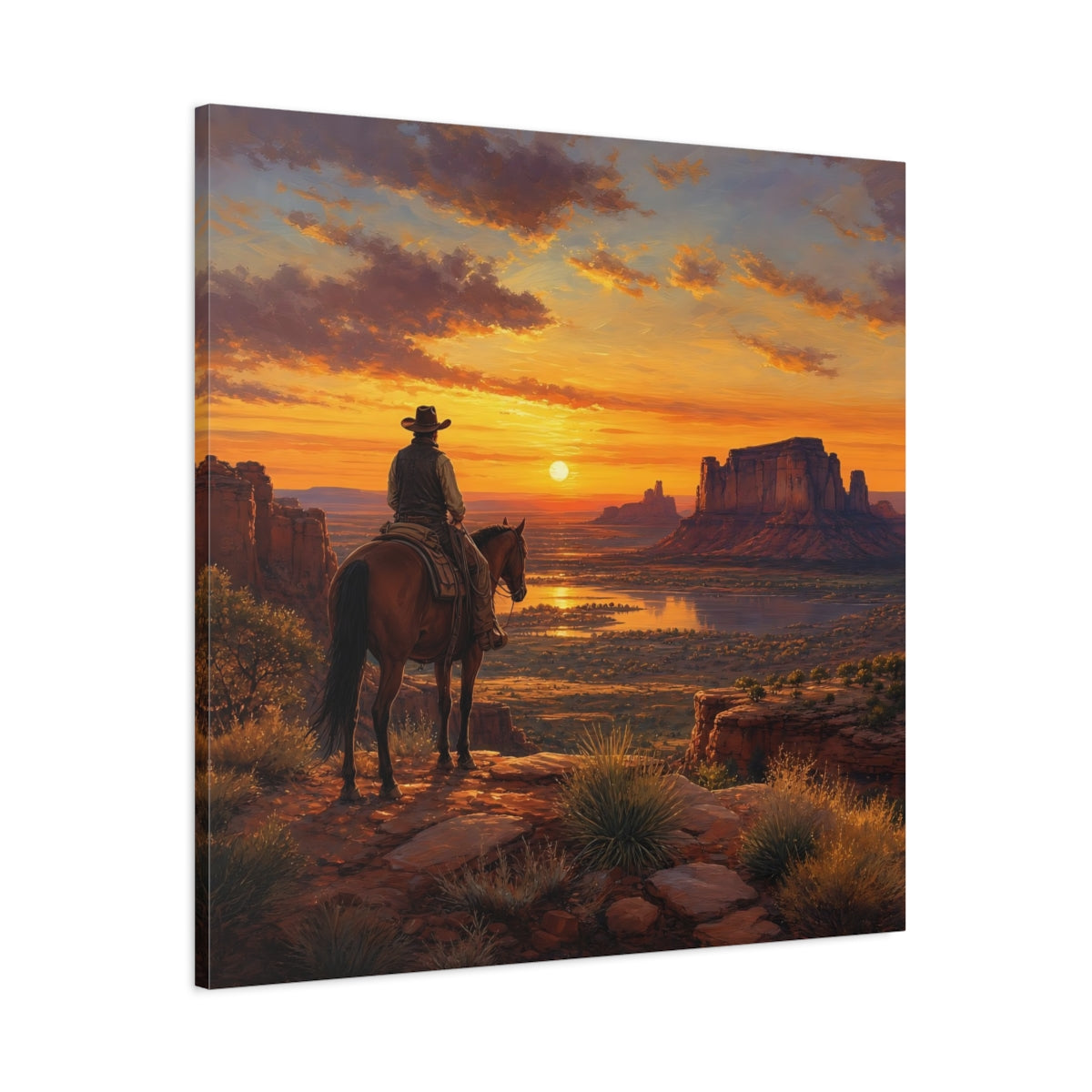 Main Mockup. Nature Cowboy Western Sunset shown as stretched canvas wall art