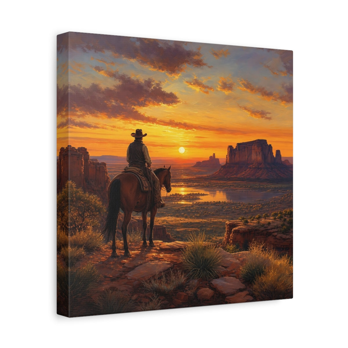 Side Mockup 8. Nature Cowboy Western Sunset shown as stretched canvas wall art