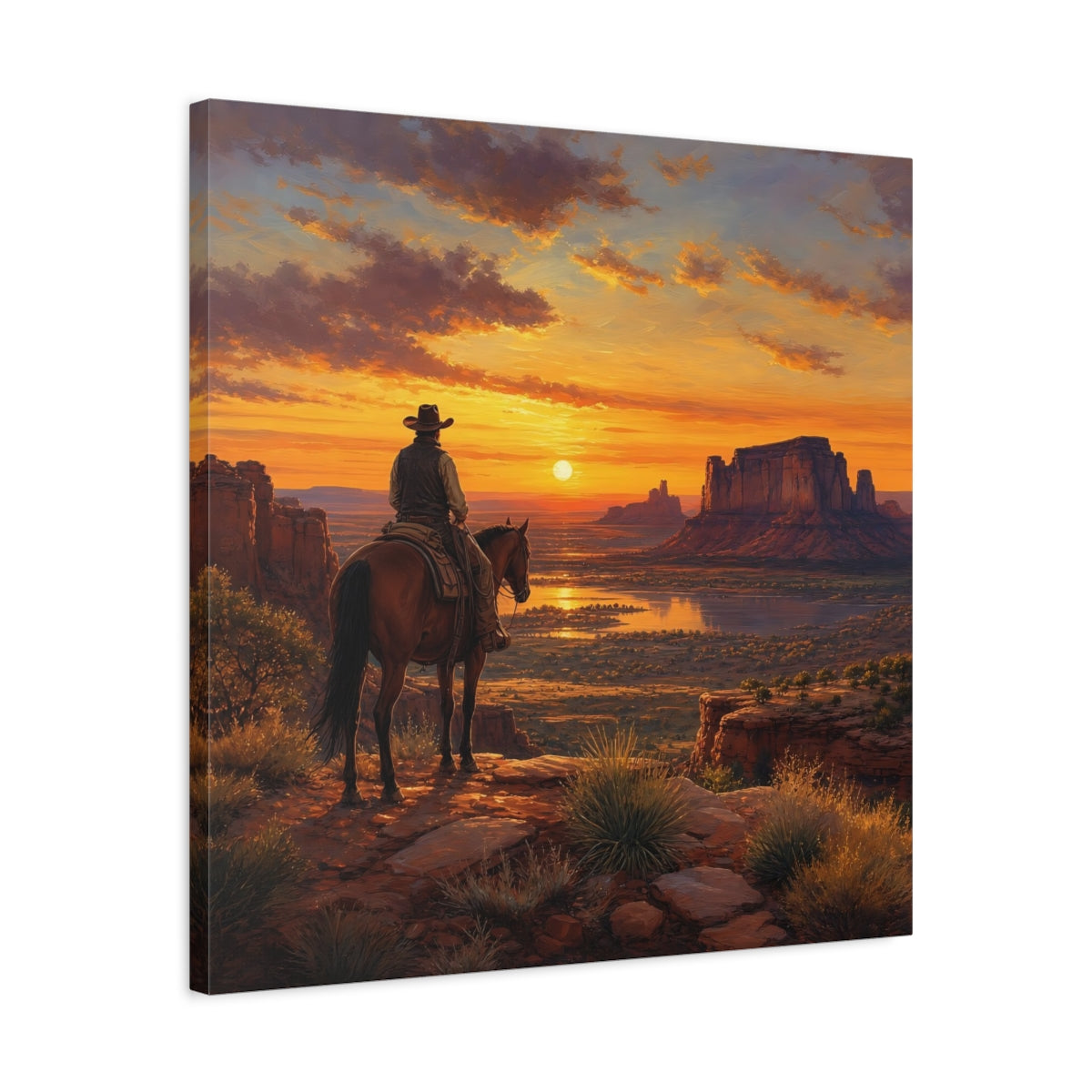 Side Mockup 4. Nature Cowboy Western Sunset shown as stretched canvas wall art