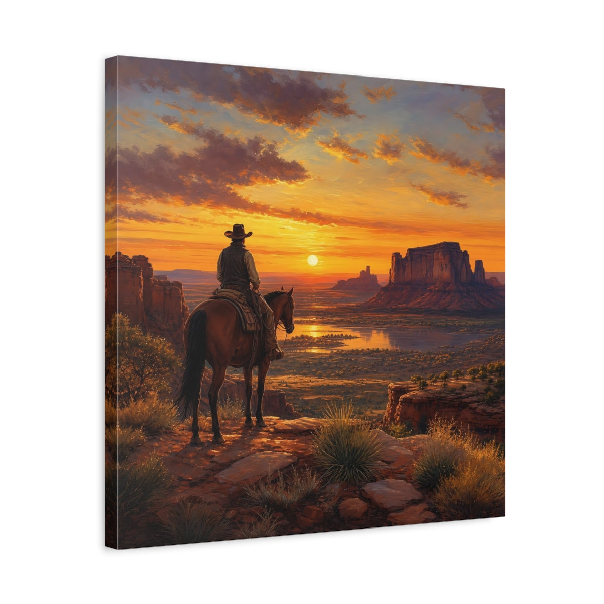 Side Mockup 5. Nature Cowboy Western Sunset shown as stretched canvas wall art