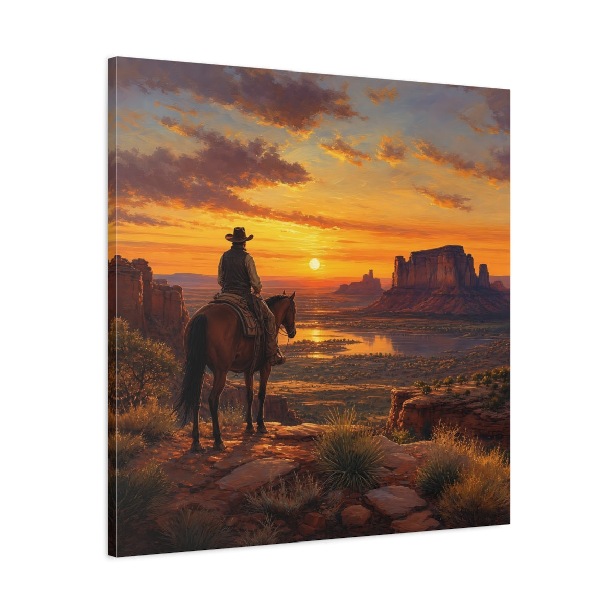 Side Mockup 3. Nature Cowboy Western Sunset shown as stretched canvas wall art