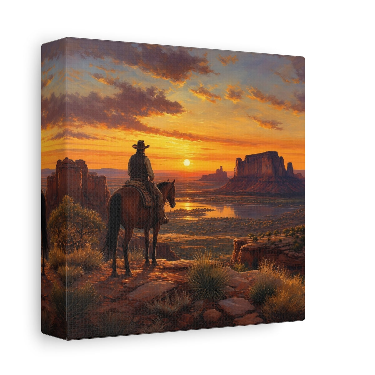 Side Mockup 2. Nature Cowboy Western Sunset shown as stretched canvas wall art