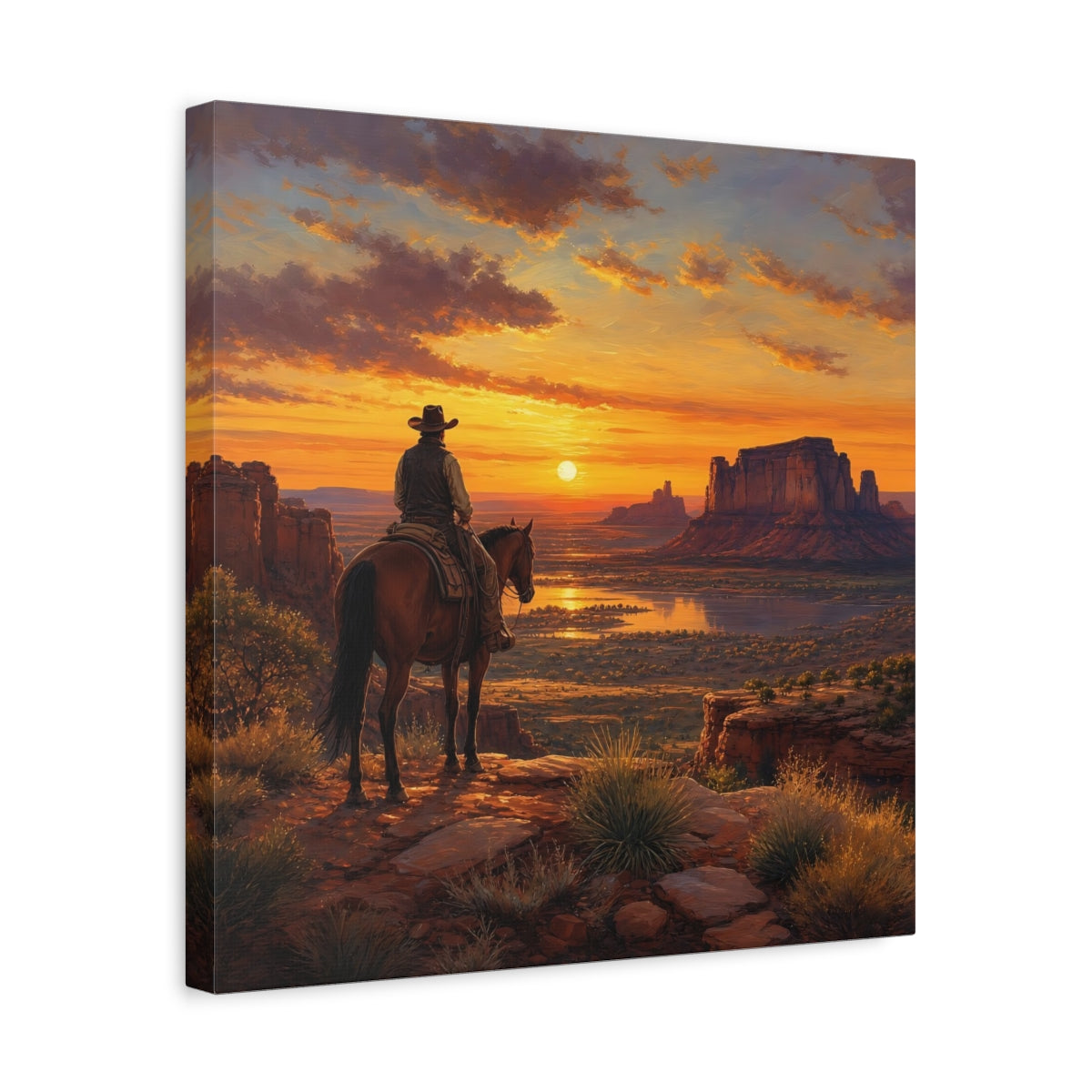 Side Mockup 6. Nature Cowboy Western Sunset shown as stretched canvas wall art