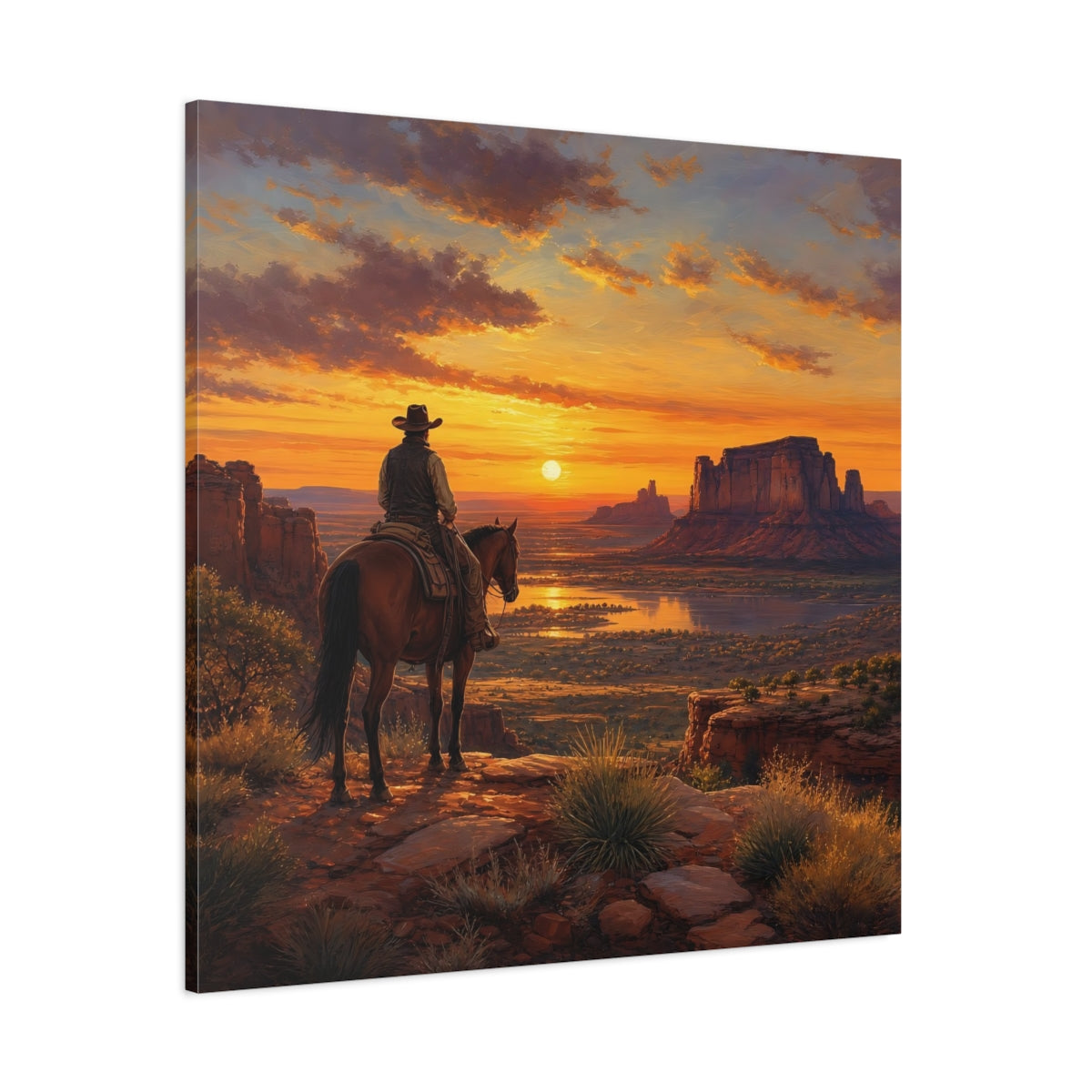 Side Mockup 1. Nature Cowboy Western Sunset shown as stretched canvas wall art