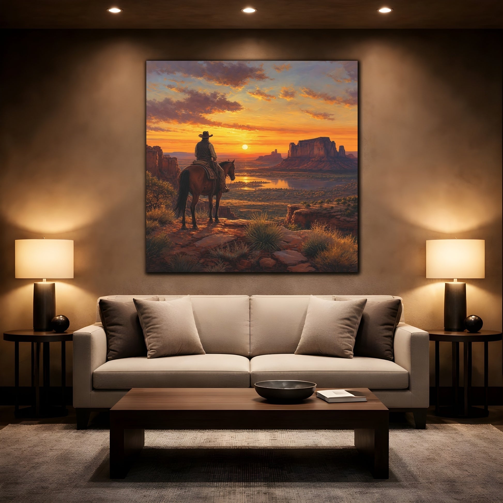 Mockup 2. Nature Cowboy Western Sunset shown as stretched canvas wall art
