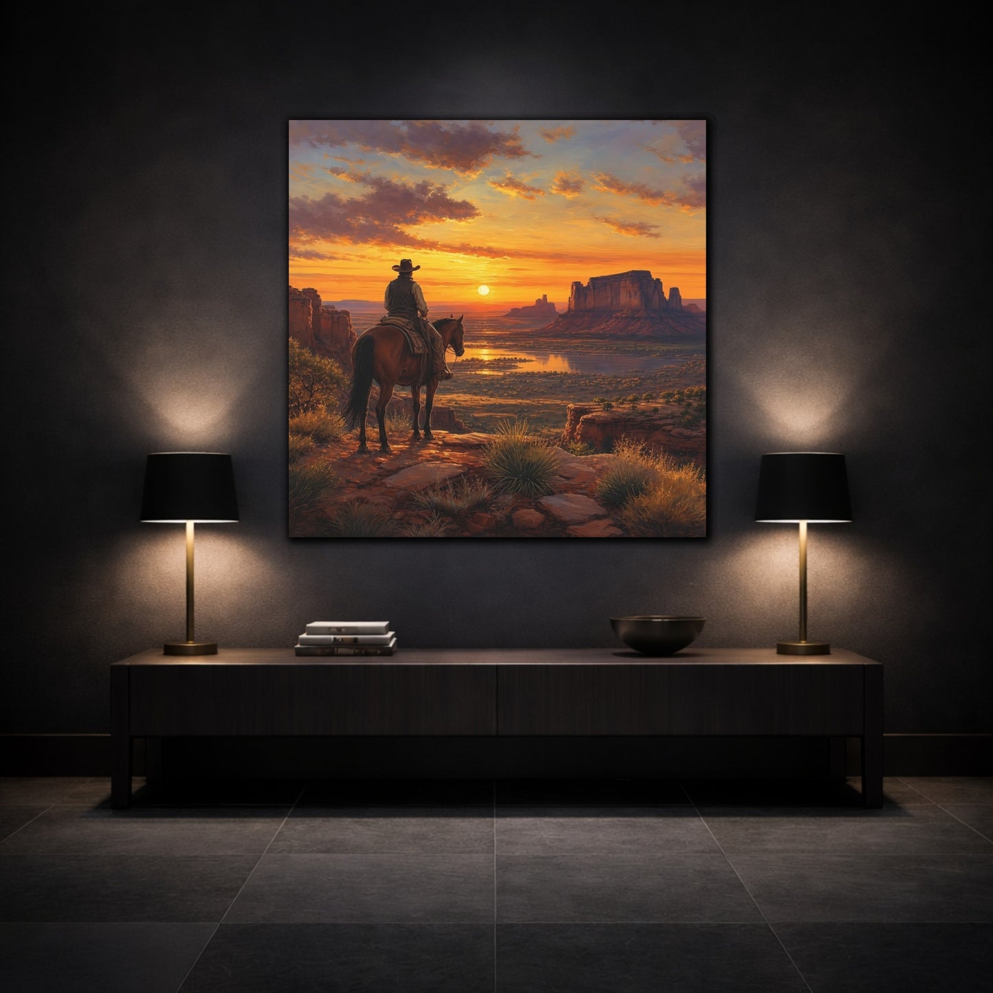 Mockup 3. Nature Cowboy Western Sunset shown as stretched canvas wall art