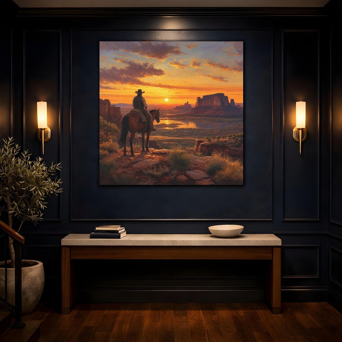 Mockup 4. Nature Cowboy Western Sunset shown as stretched canvas wall art