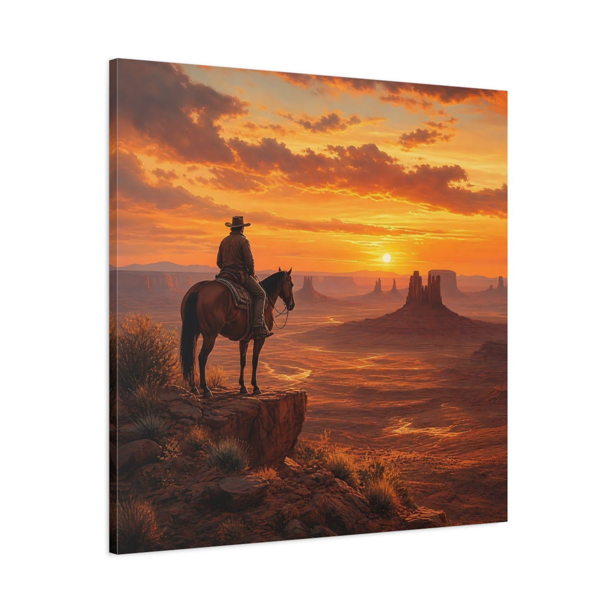 Main Mockup. Nature Cowboy, Horse Orange Sunset shown as stretched canvas wall art