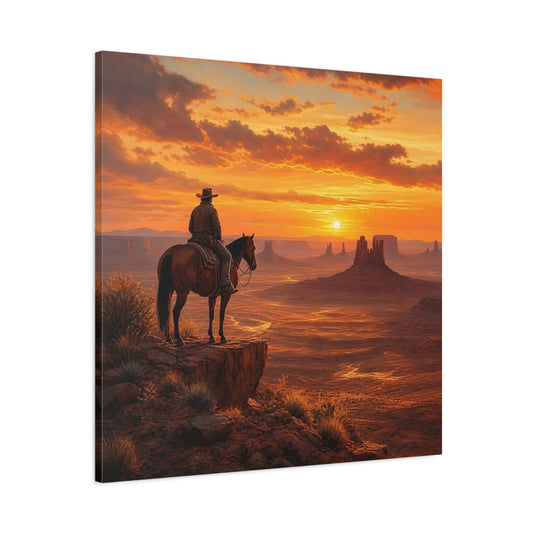 Main Mockup. Nature Cowboy, Horse Orange Sunset shown as stretched canvas wall art