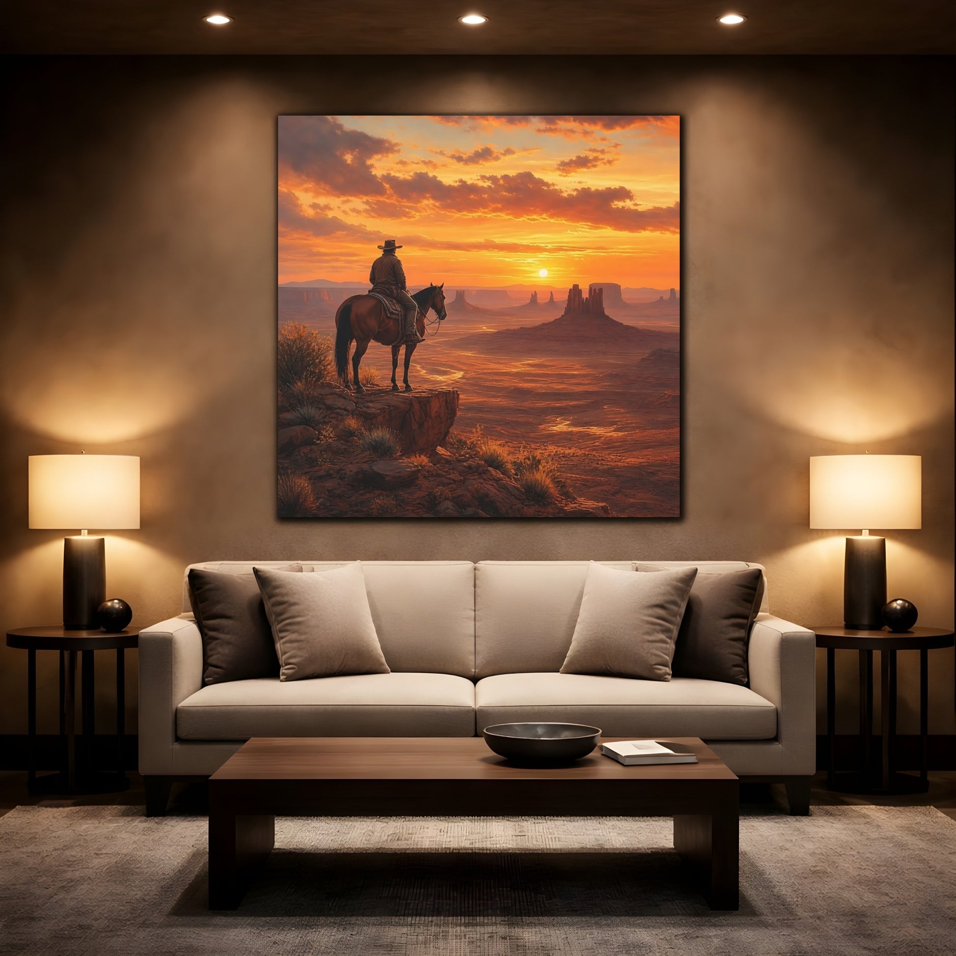 Mockup 2. Nature Cowboy, Horse Orange Sunset shown as stretched canvas wall art