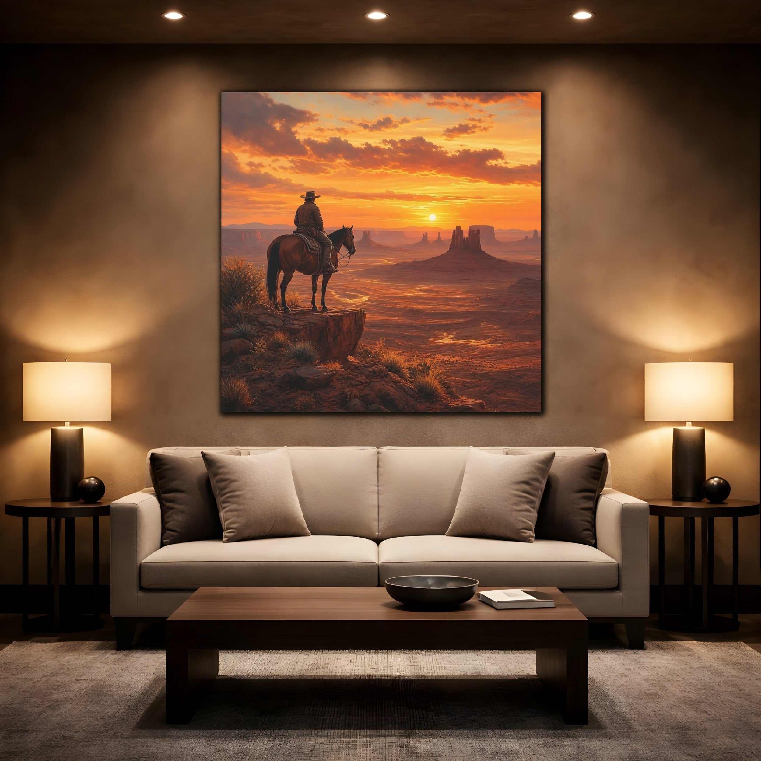 Mockup 2. Nature Cowboy, Horse Orange Sunset shown as stretched canvas wall art