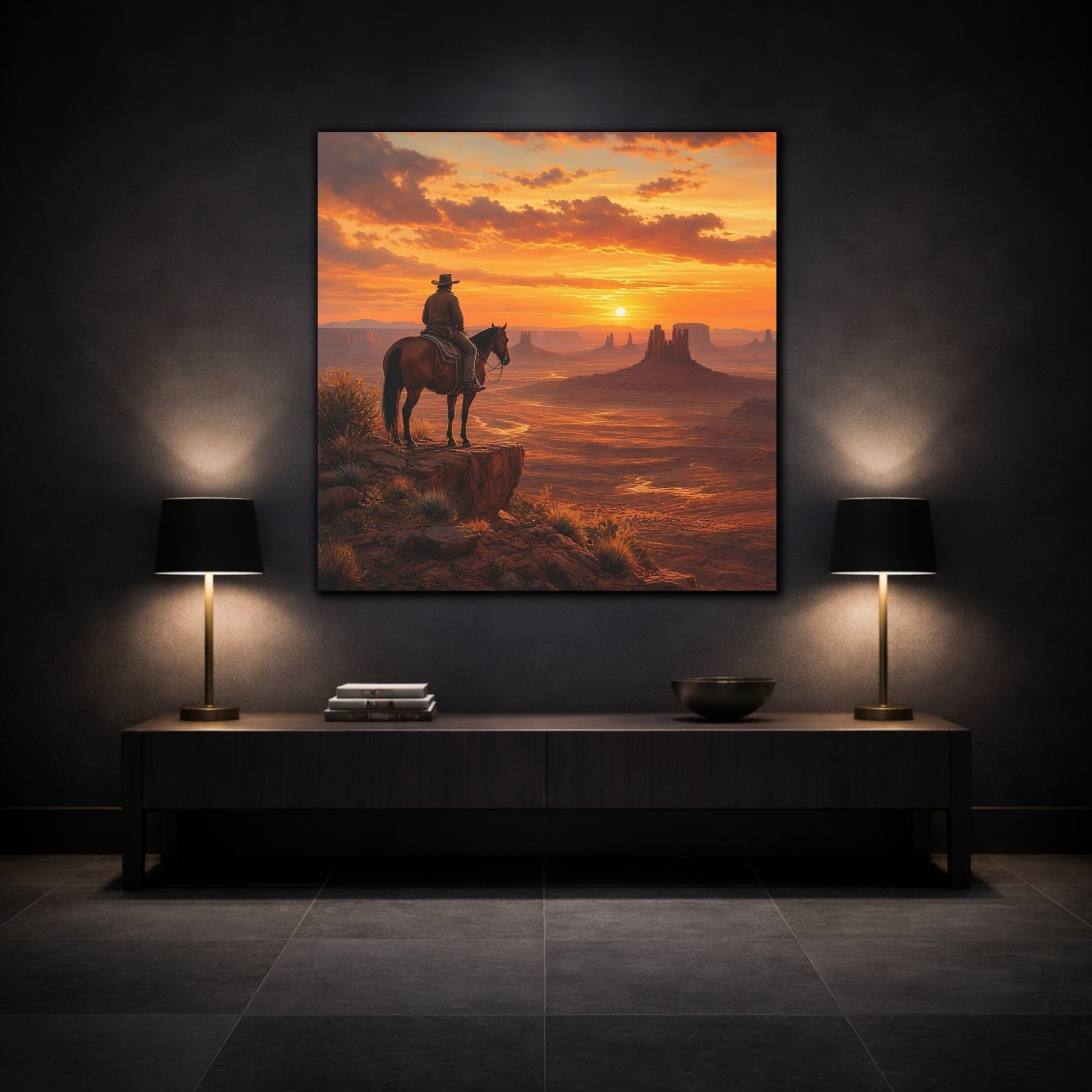 Mockup 3. Nature Cowboy, Horse Orange Sunset shown as stretched canvas wall art
