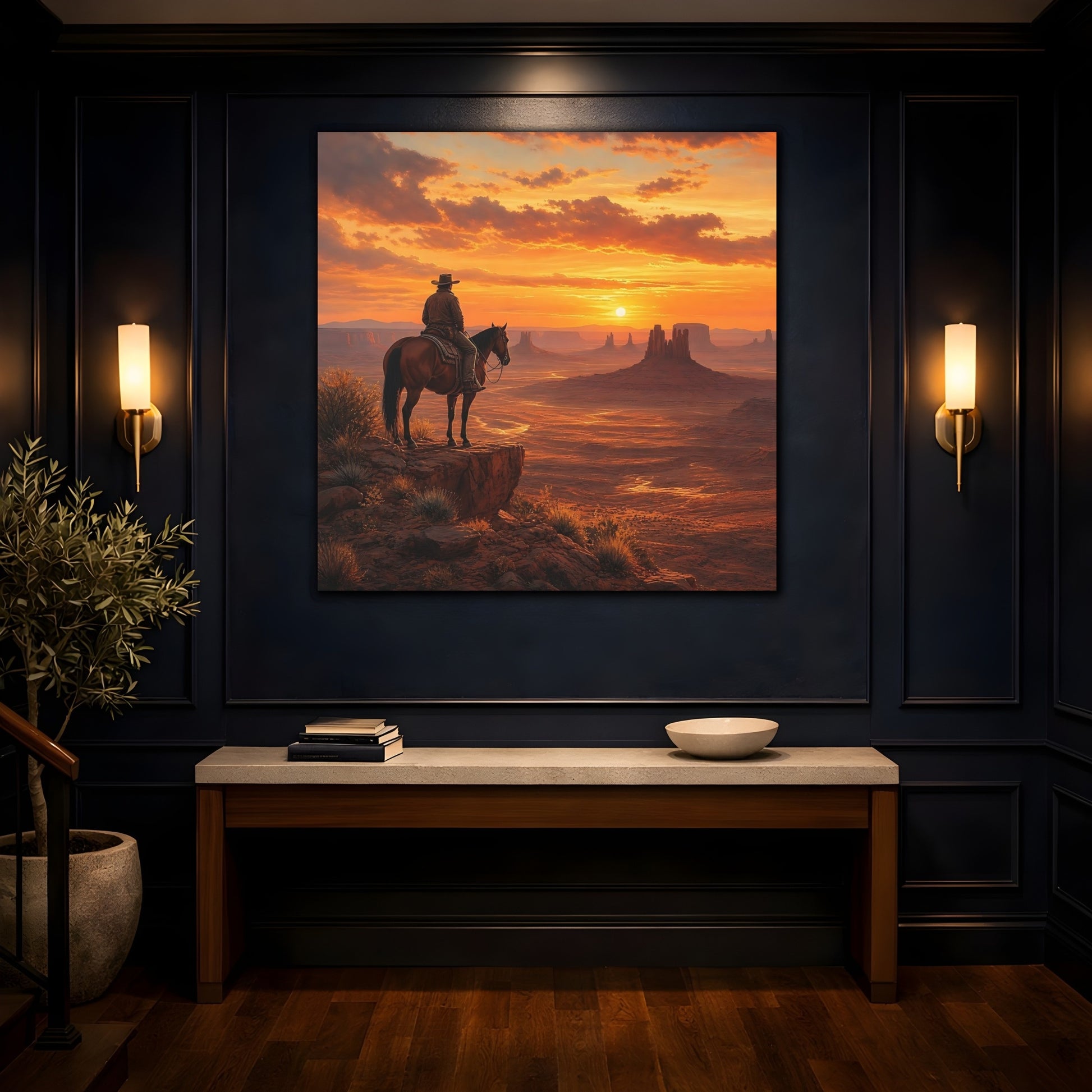 Mockup 4. Nature Cowboy, Horse Orange Sunset shown as stretched canvas wall art