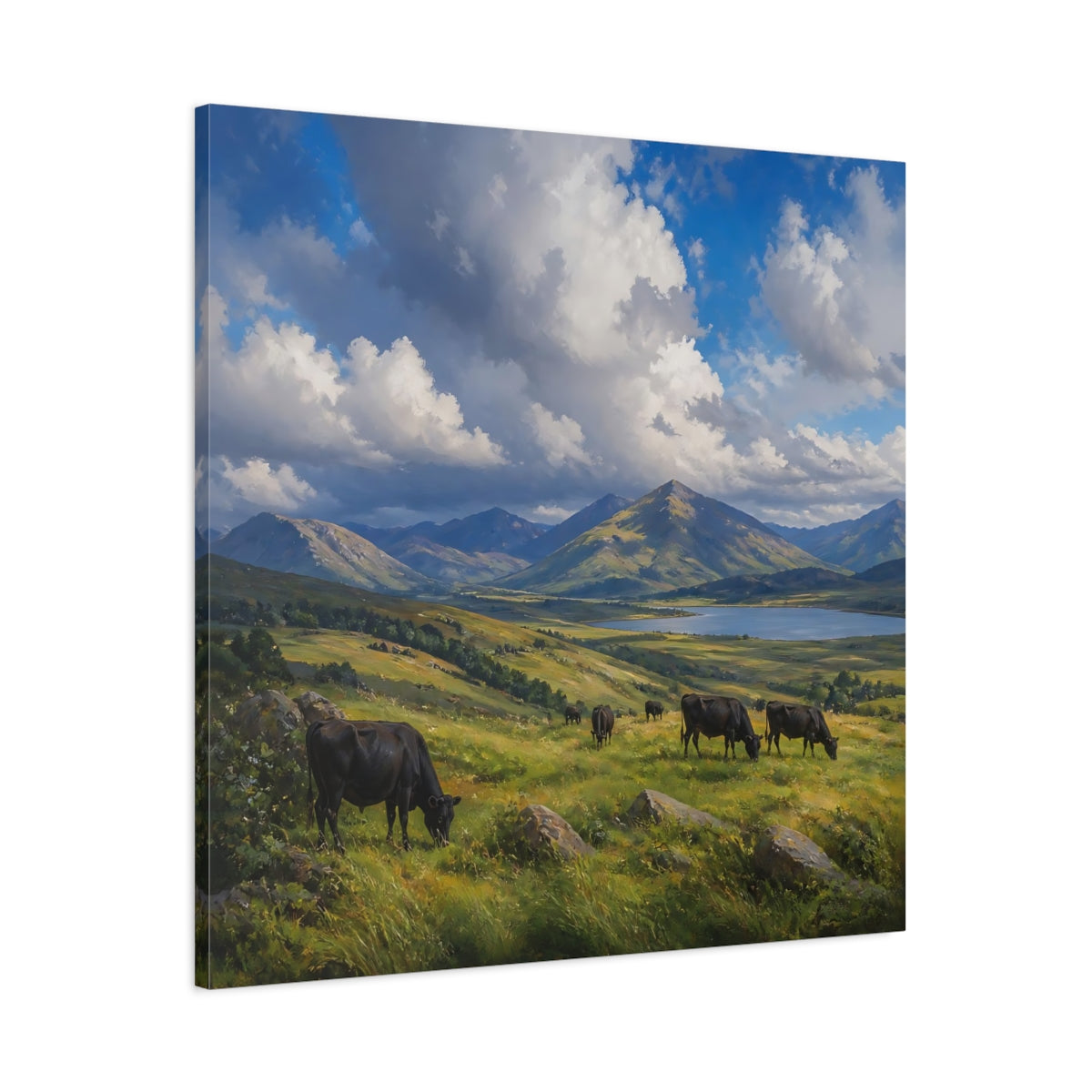 Main Mockup. Nature Cows Green And Blue Landscape shown as stretched canvas wall art