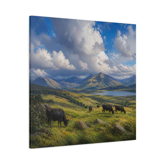 Main Mockup. Nature Cows Green And Blue Landscape shown as stretched canvas wall art