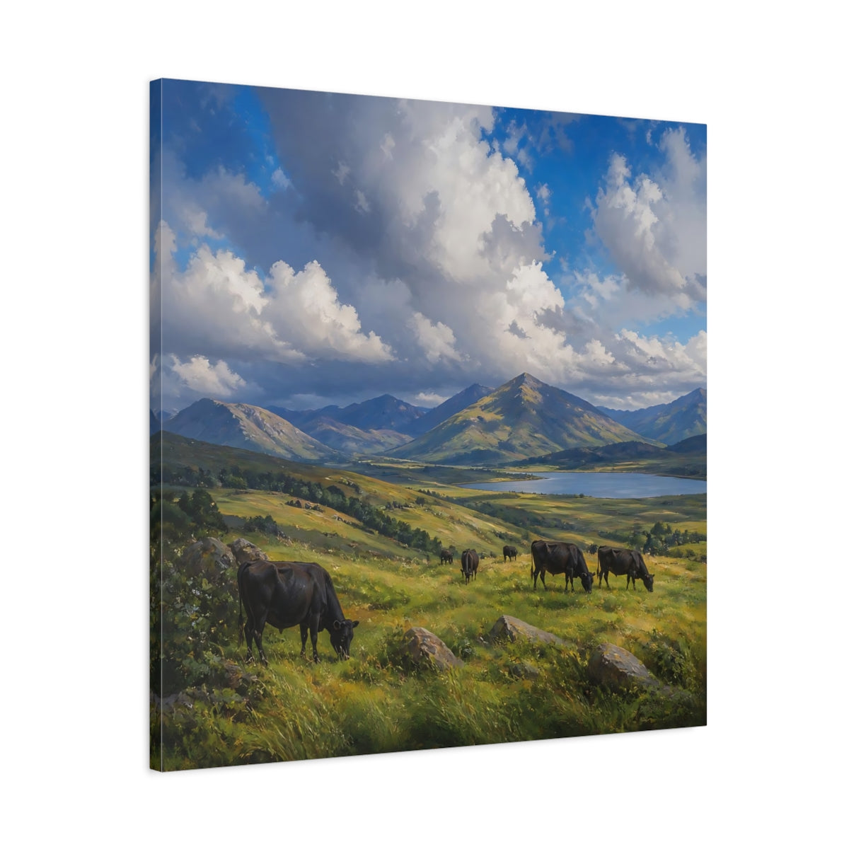 Side Mockup 3. Nature Cows Green And Blue Landscape shown as stretched canvas wall art