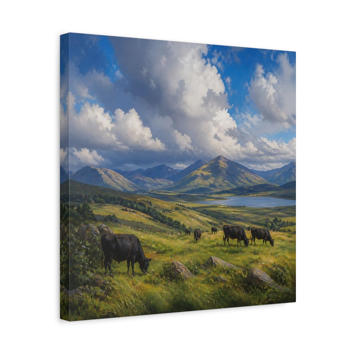 Side Mockup 6. Nature Cows Green And Blue Landscape shown as stretched canvas wall art