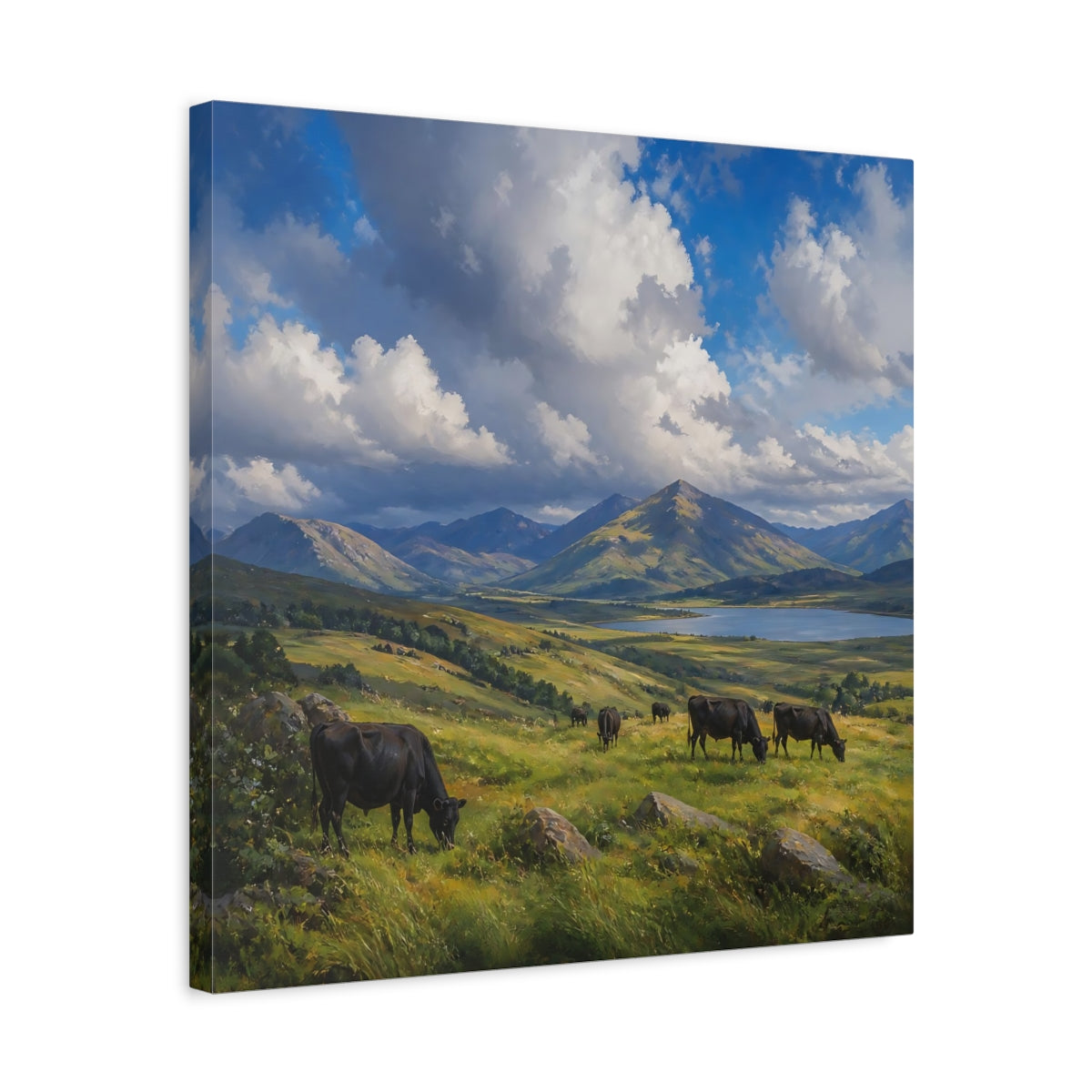 Side Mockup 5. Nature Cows Green And Blue Landscape shown as stretched canvas wall art