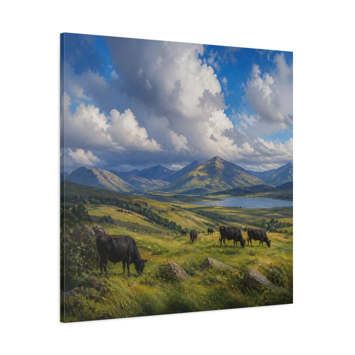 Side Mockup 1. Nature Cows Green And Blue Landscape shown as stretched canvas wall art