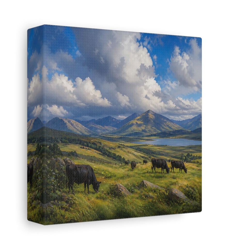 Side Mockup 2. Nature Cows Green And Blue Landscape shown as stretched canvas wall art