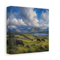 Side Mockup 2. Nature Cows Green And Blue Landscape shown as stretched canvas wall art