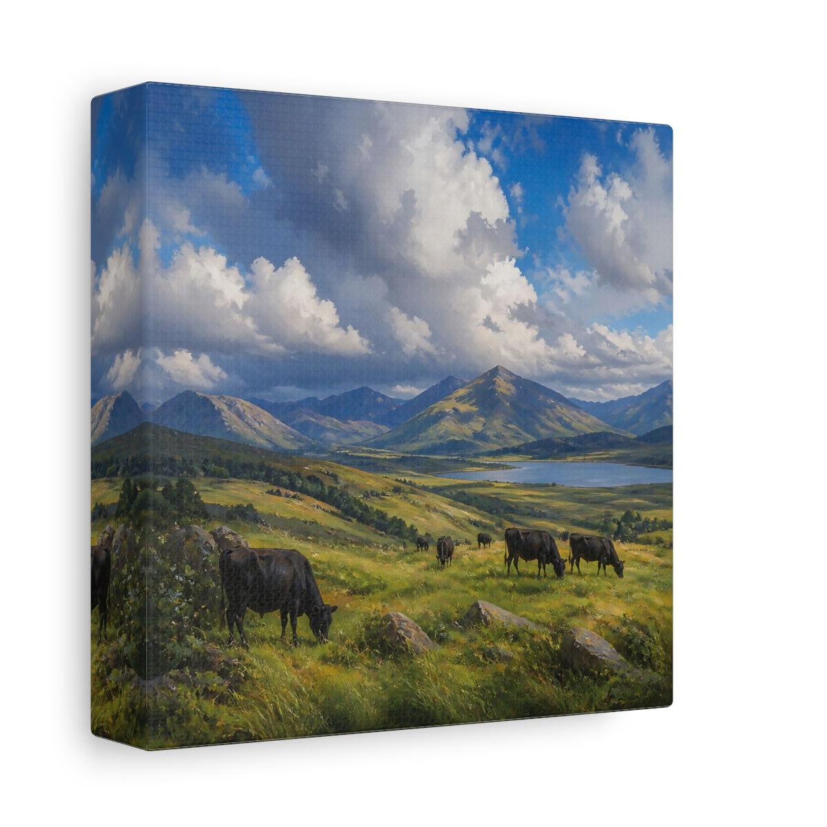 Side Mockup 2. Nature Cows Green And Blue Landscape shown as stretched canvas wall art