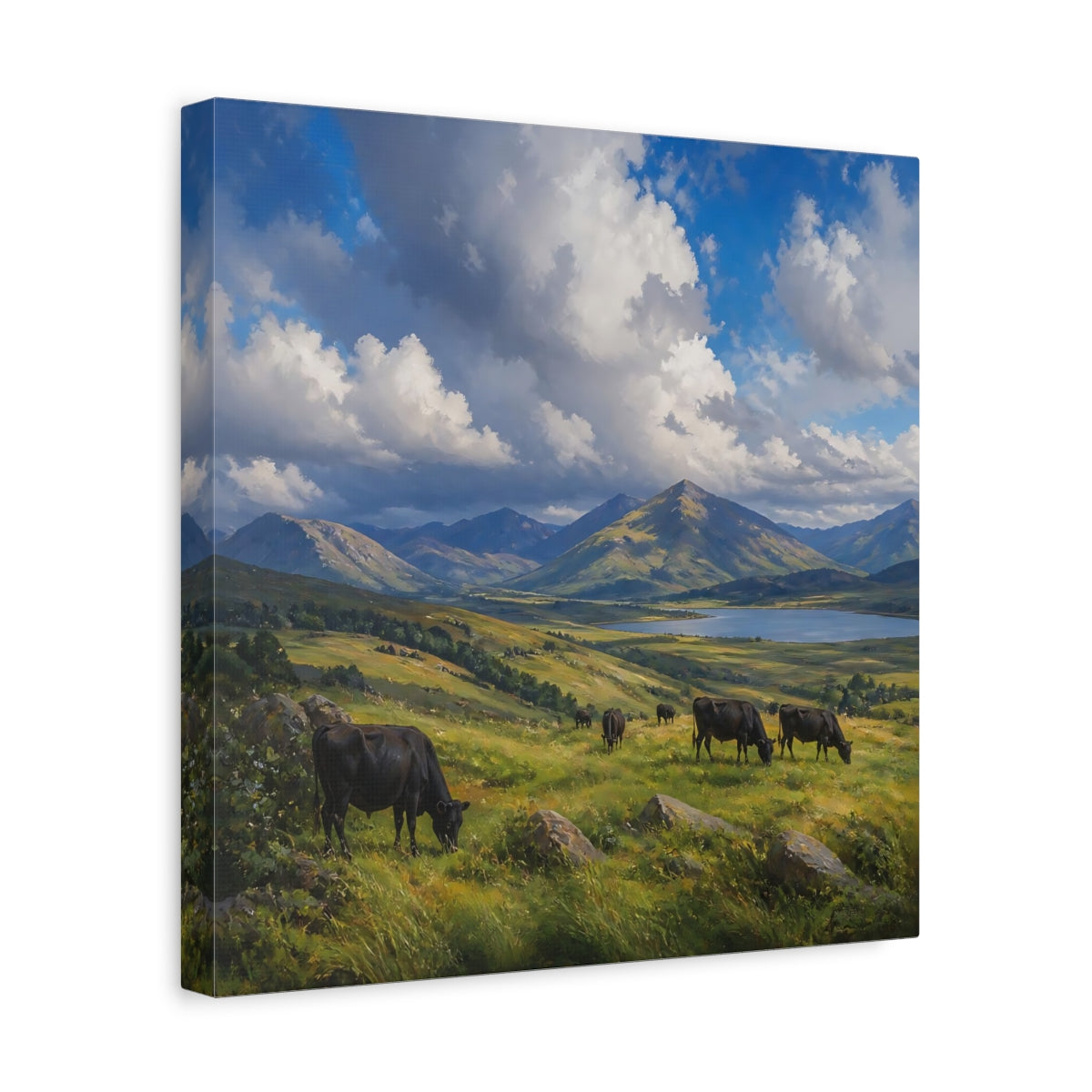 Side Mockup 7. Nature Cows Green And Blue Landscape shown as stretched canvas wall art