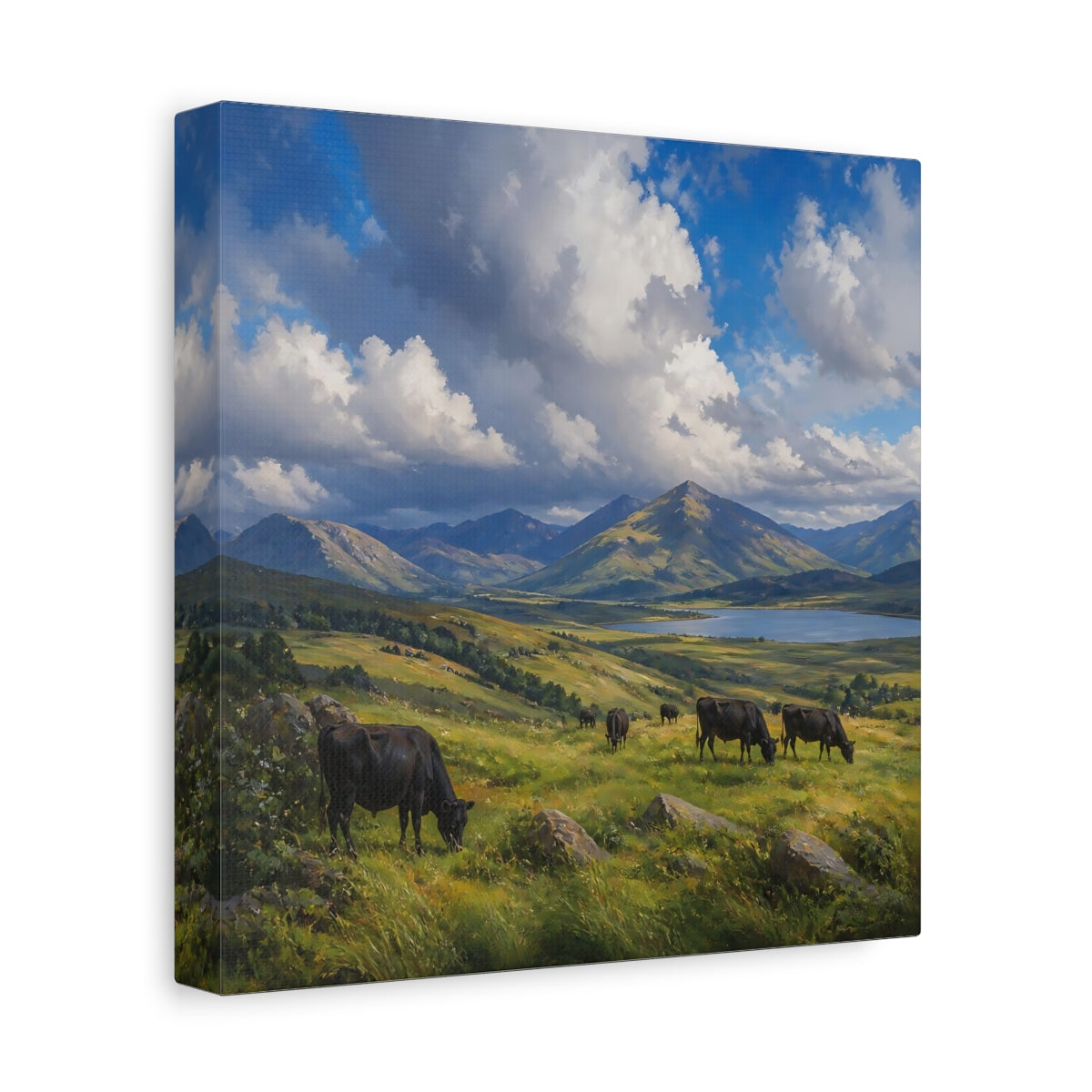 Side Mockup 9. Nature Cows Green And Blue Landscape shown as stretched canvas wall art