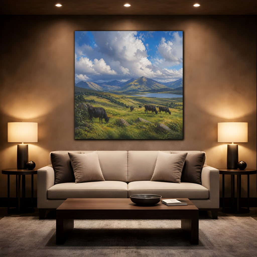 Mockup 2. Nature Cows Green And Blue Landscape shown as stretched canvas wall art
