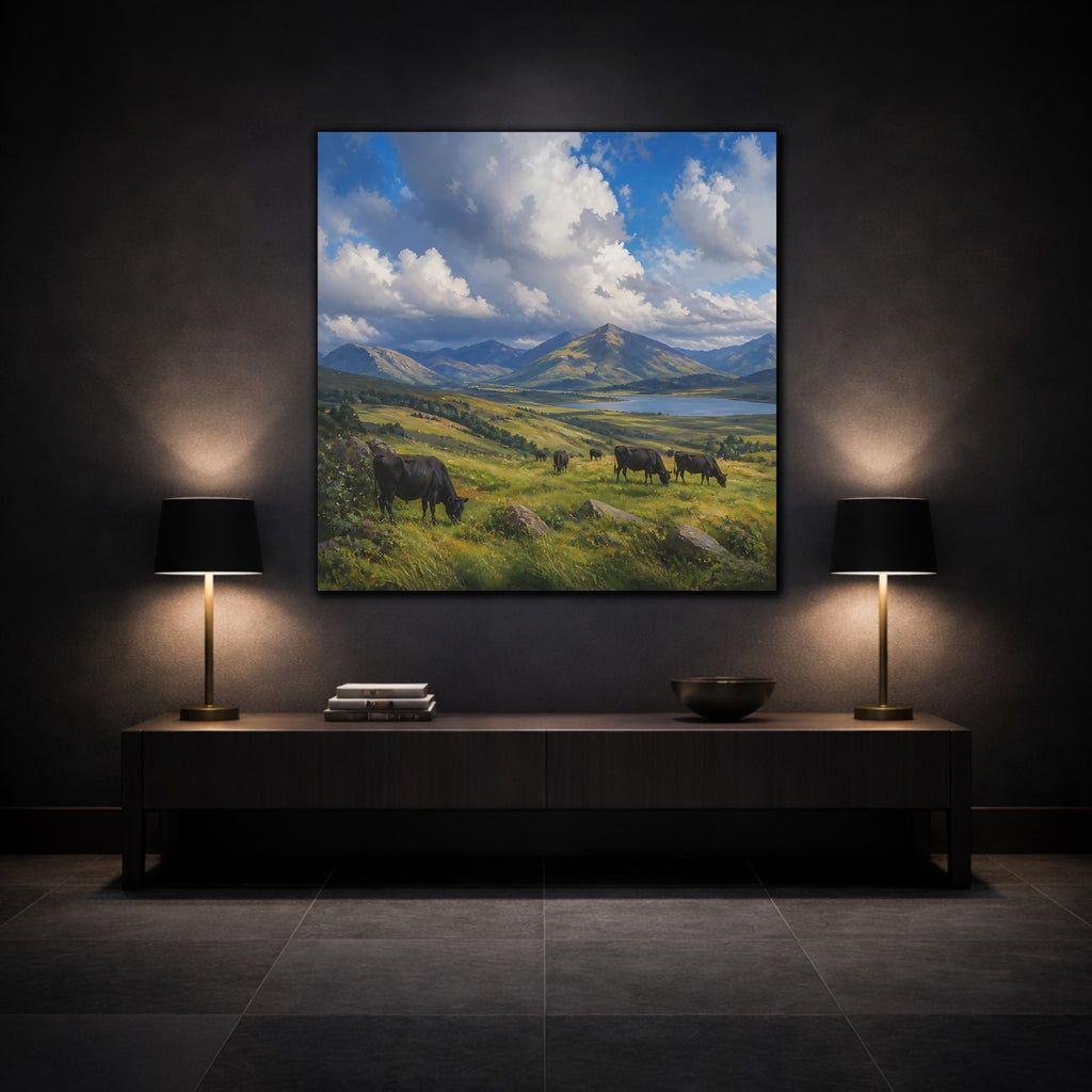 Mockup 3. Nature Cows Green And Blue Landscape shown as stretched canvas wall art