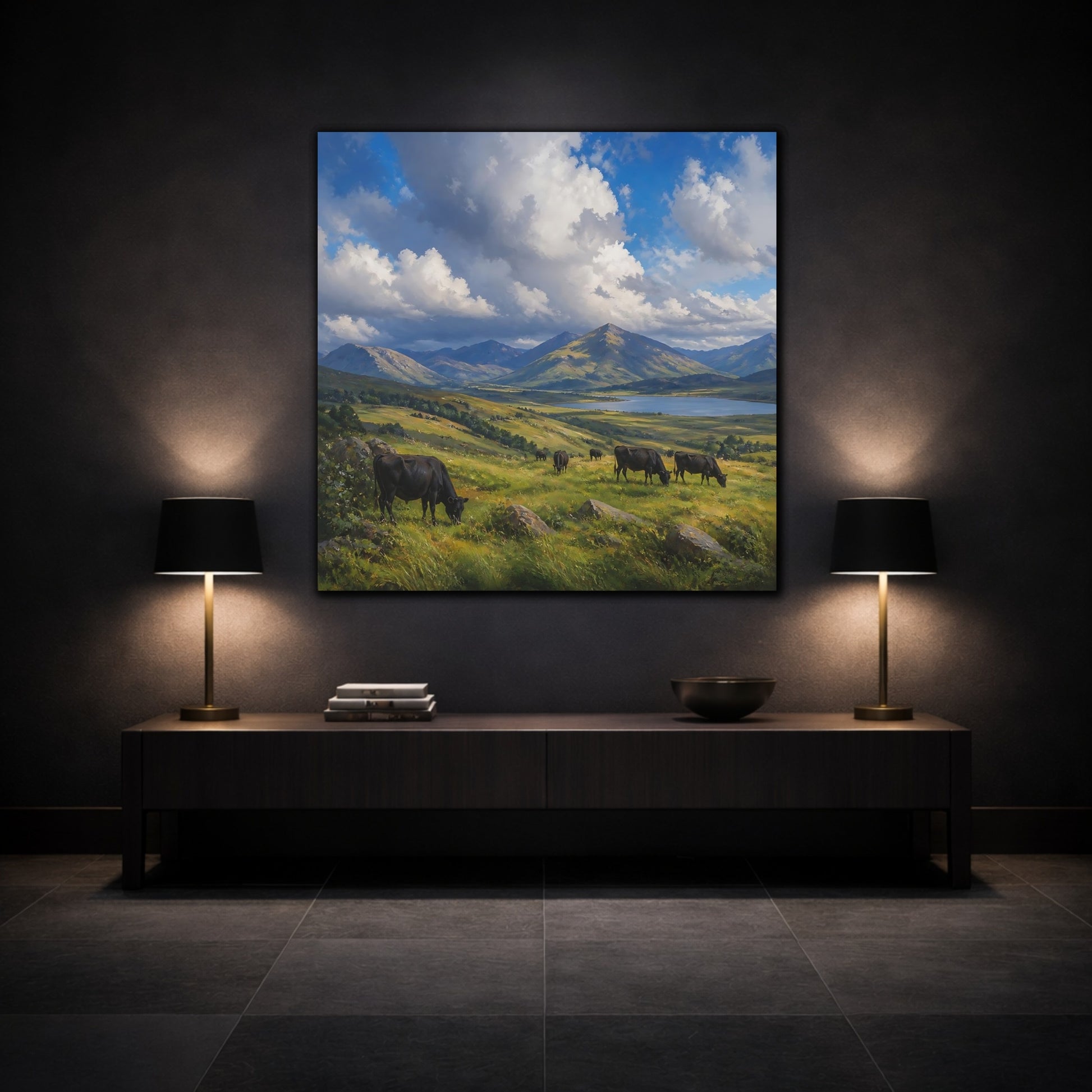 Mockup 3. Nature Cows Green And Blue Landscape shown as stretched canvas wall art