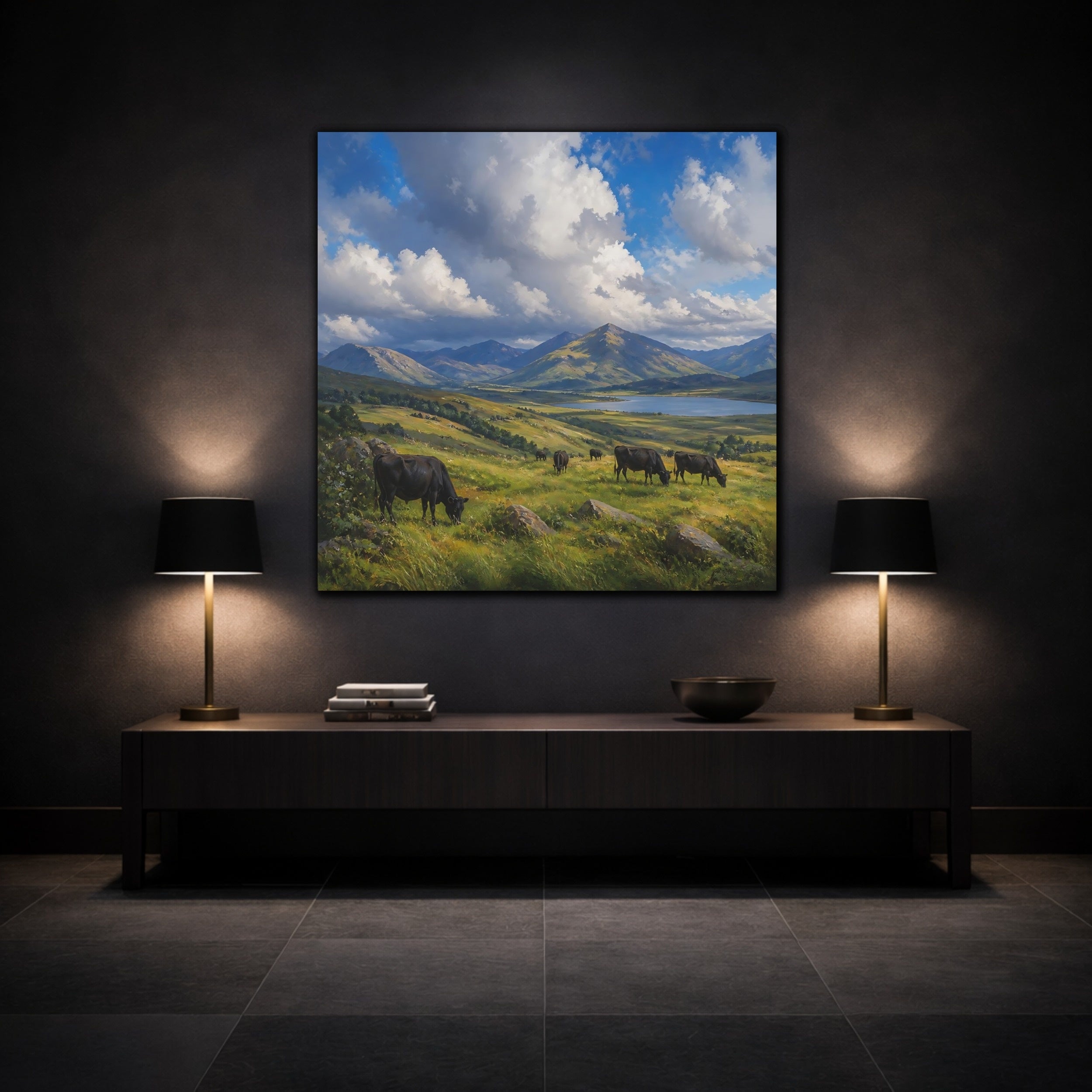 Mockup 3. Nature Cows Green And Blue Landscape shown as stretched canvas wall art