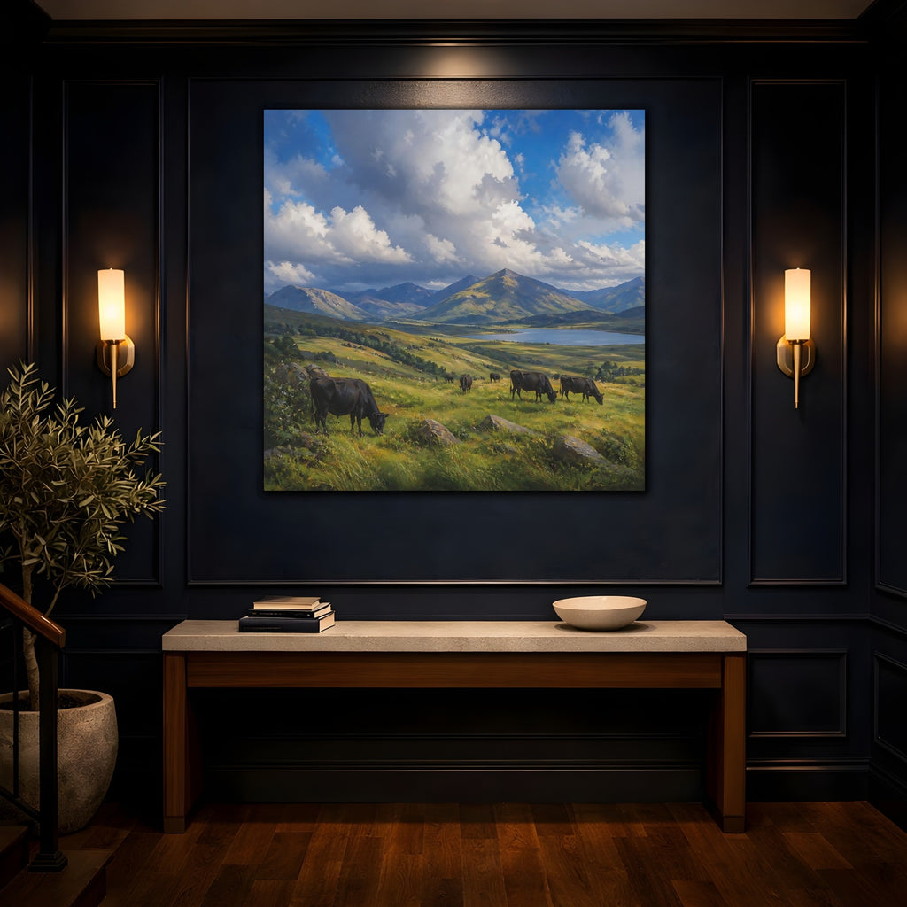 Mockup 4. Nature Cows Green And Blue Landscape shown as stretched canvas wall art