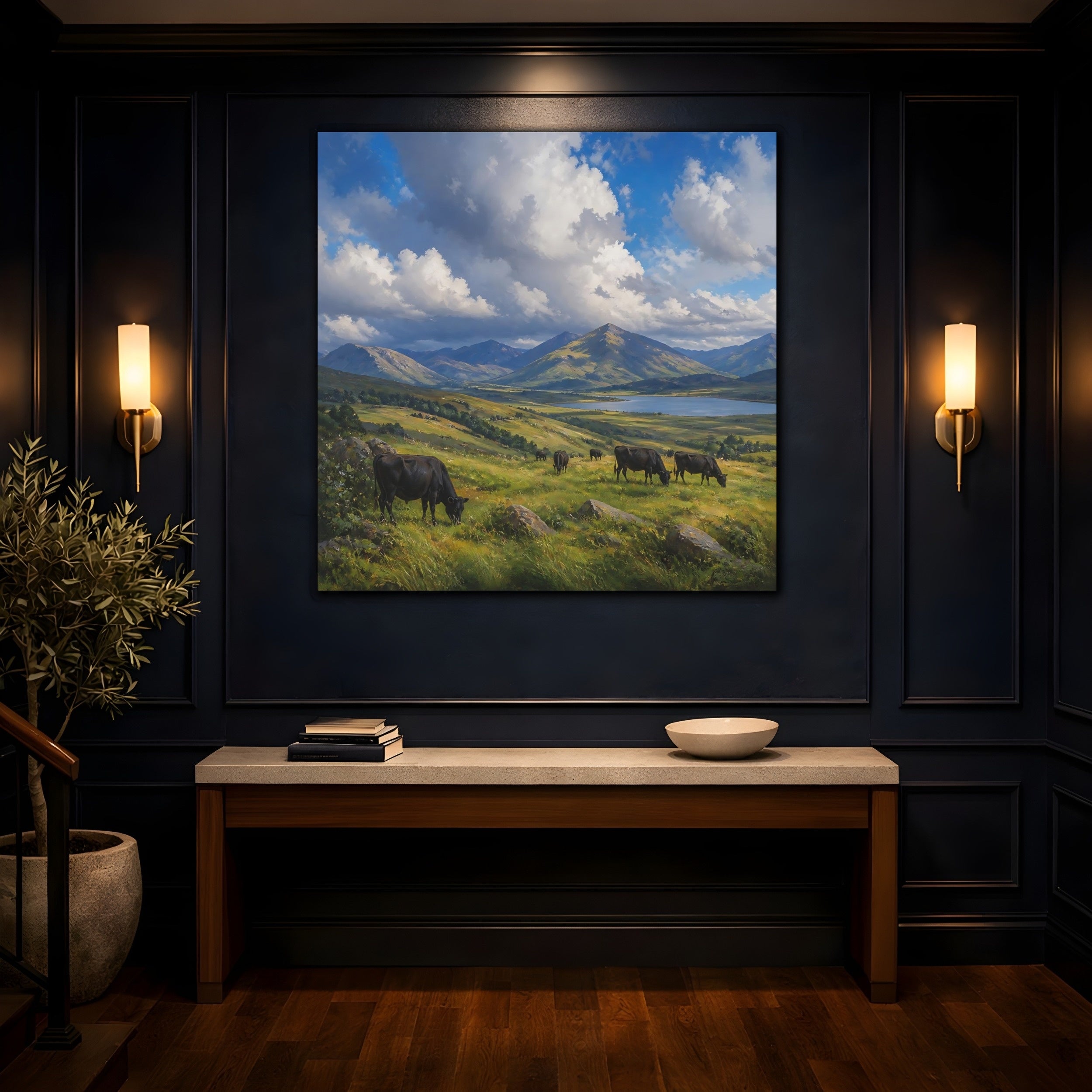 Mockup 4. Nature Cows Green And Blue Landscape shown as stretched canvas wall art