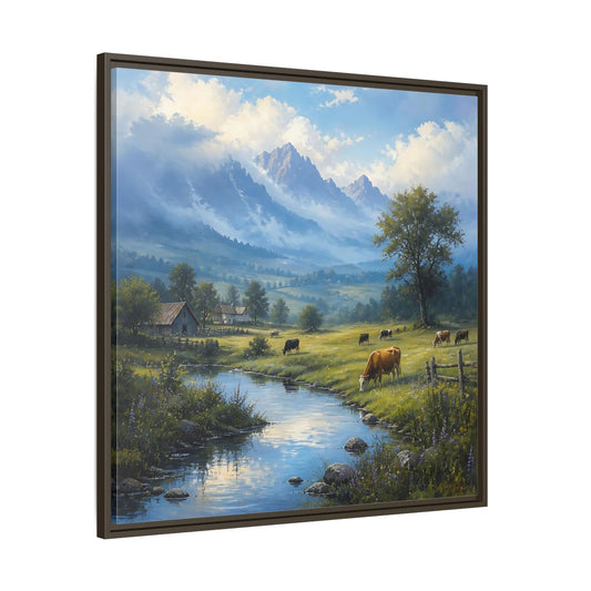 Main Mockup. Nature Cows Pastoral Farm Scene shown as stretched canvas wall art