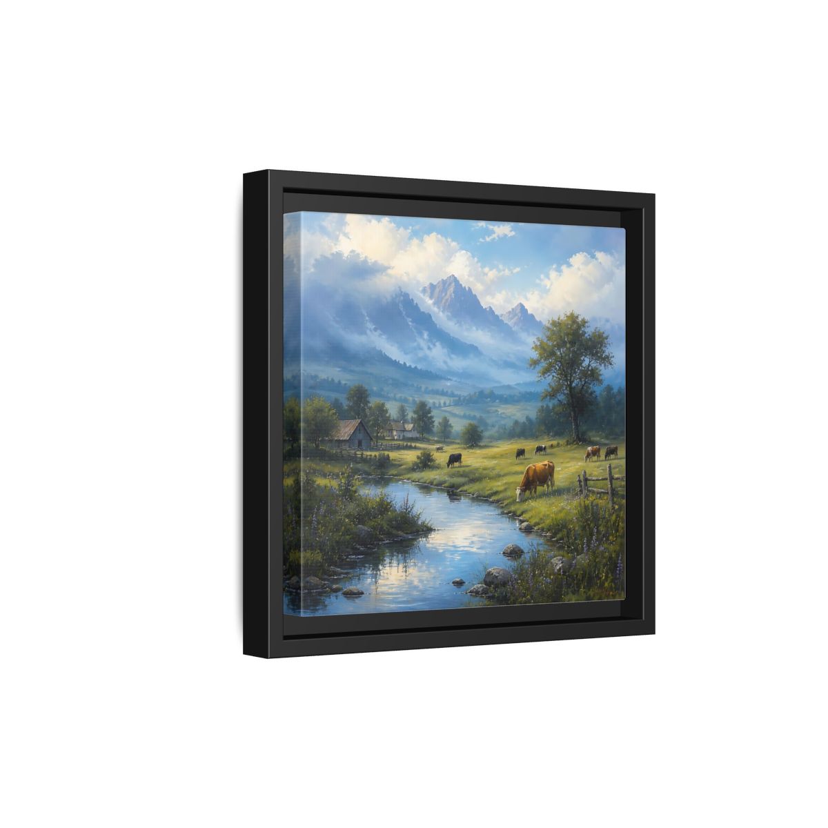 Side Mockup 21. Nature Cows Pastoral Farm Scene shown as stretched canvas wall art