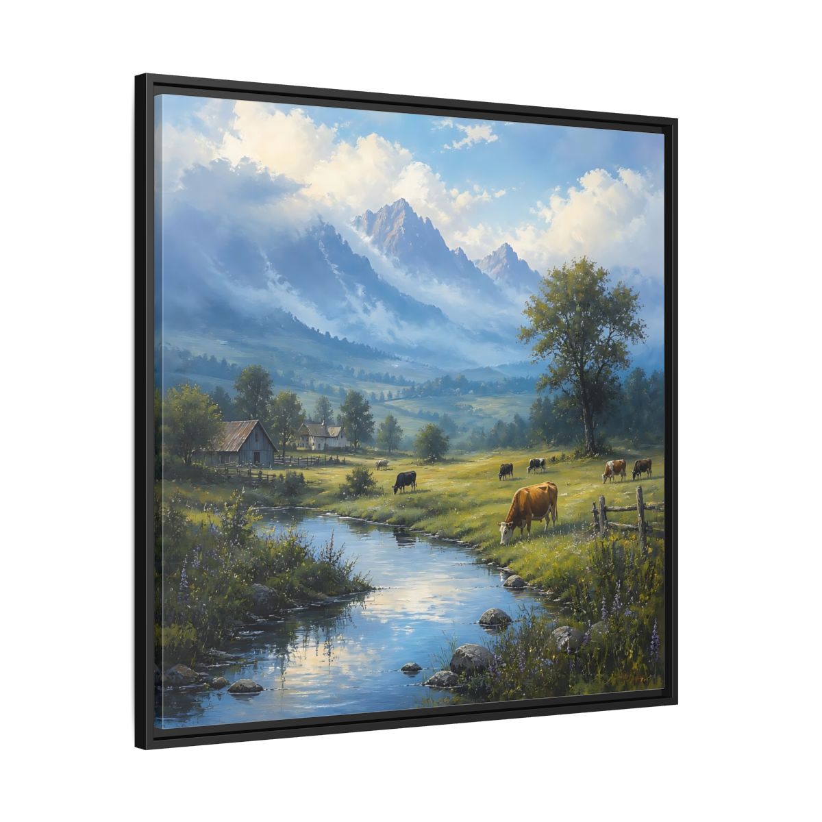 Side Mockup 30. Nature Cows Pastoral Farm Scene shown as stretched canvas wall art