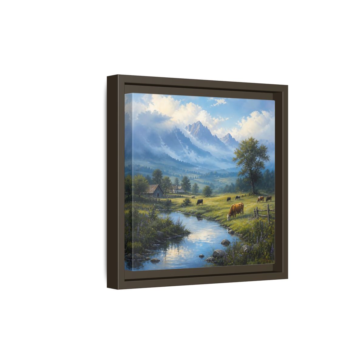 Side Mockup 20. Nature Cows Pastoral Farm Scene shown as stretched canvas wall art