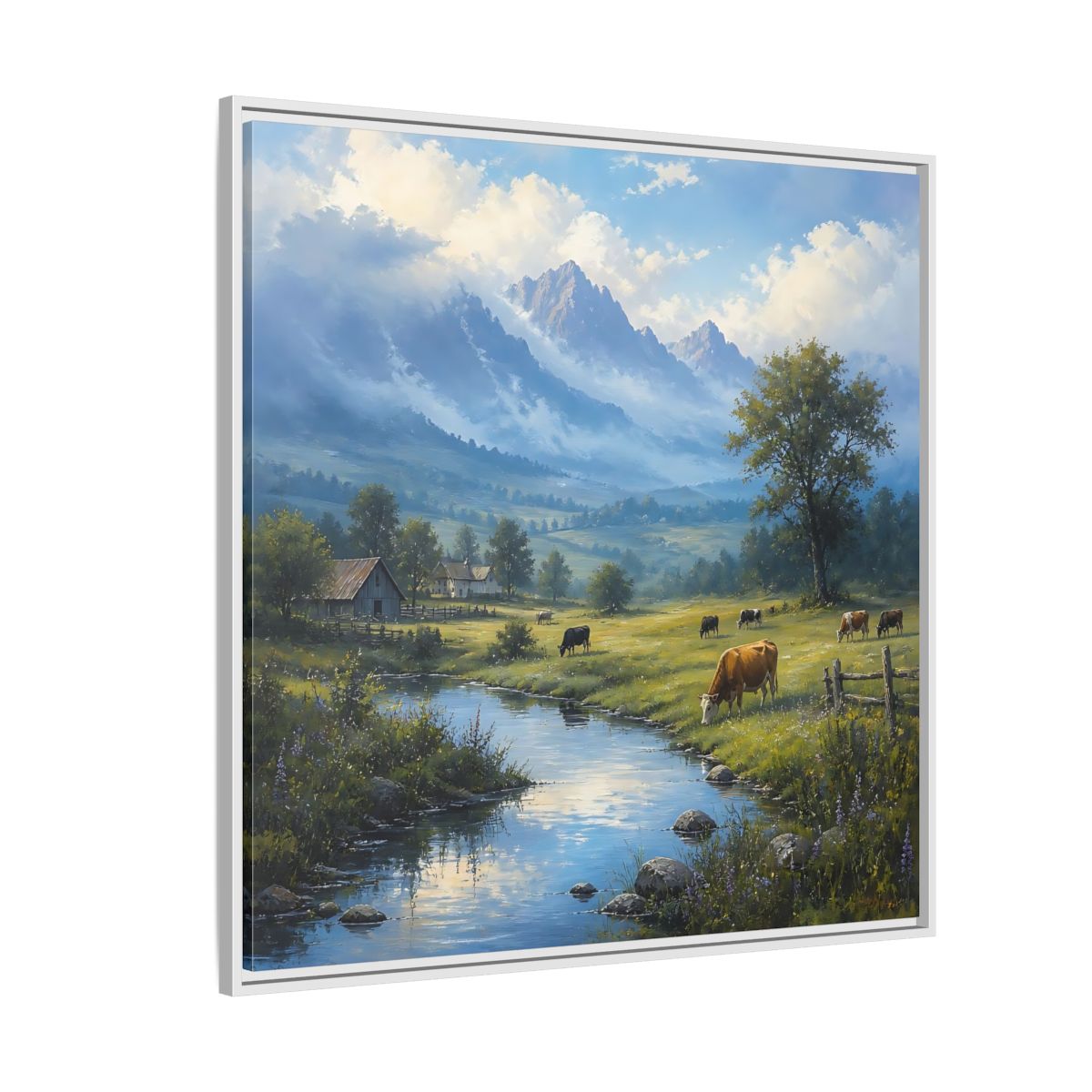 Side Mockup 4. Nature Cows Pastoral Farm Scene shown as stretched canvas wall art