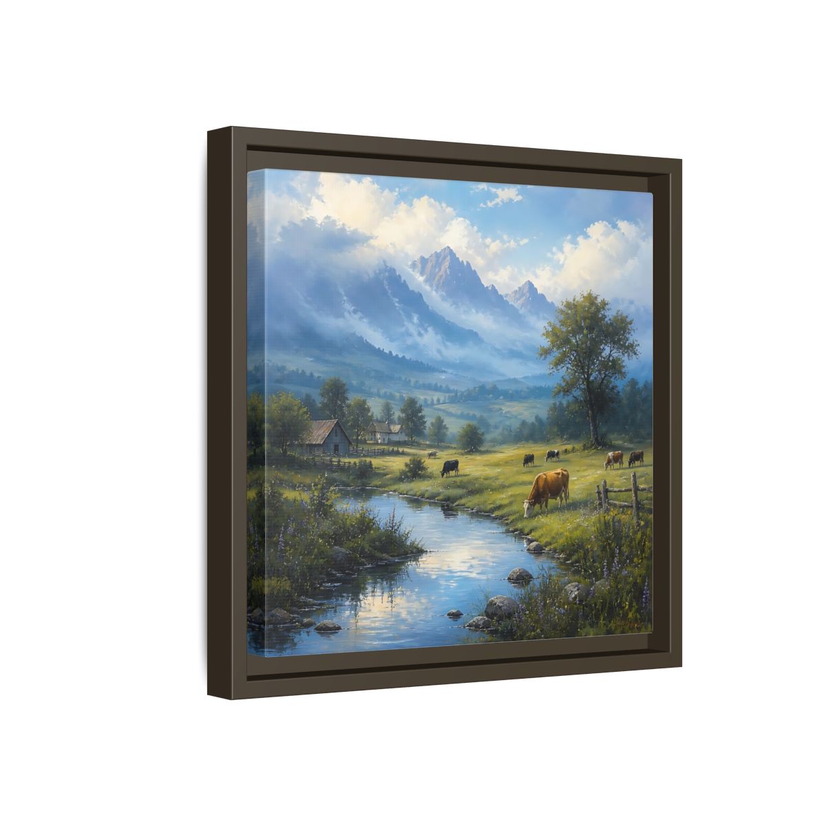 Side Mockup 17. Nature Cows Pastoral Farm Scene shown as stretched canvas wall art