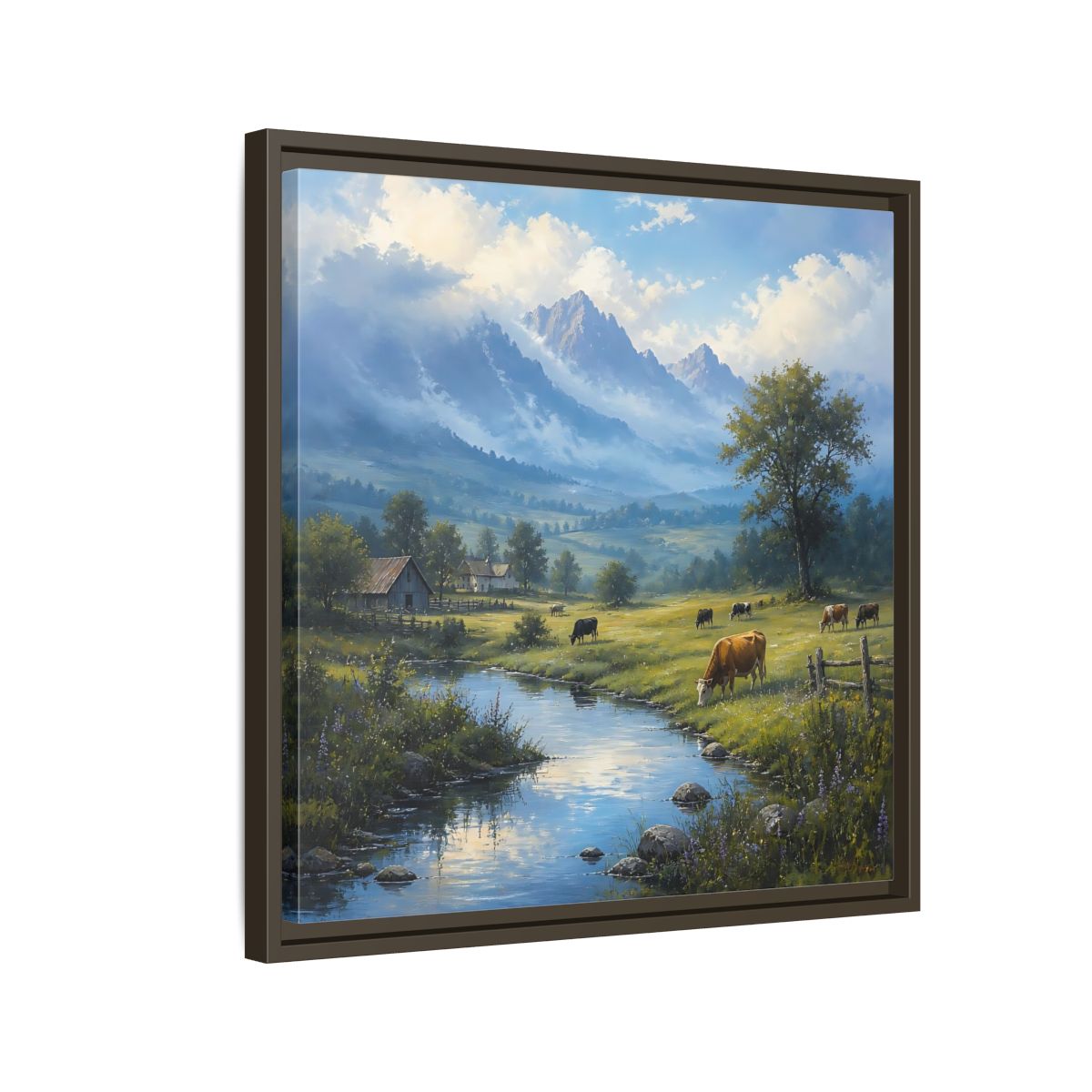 Side Mockup 11. Nature Cows Pastoral Farm Scene shown as stretched canvas wall art