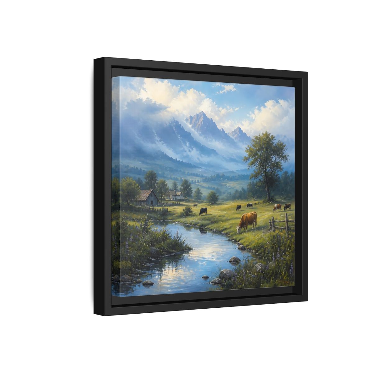 Side Mockup 18. Nature Cows Pastoral Farm Scene shown as stretched canvas wall art