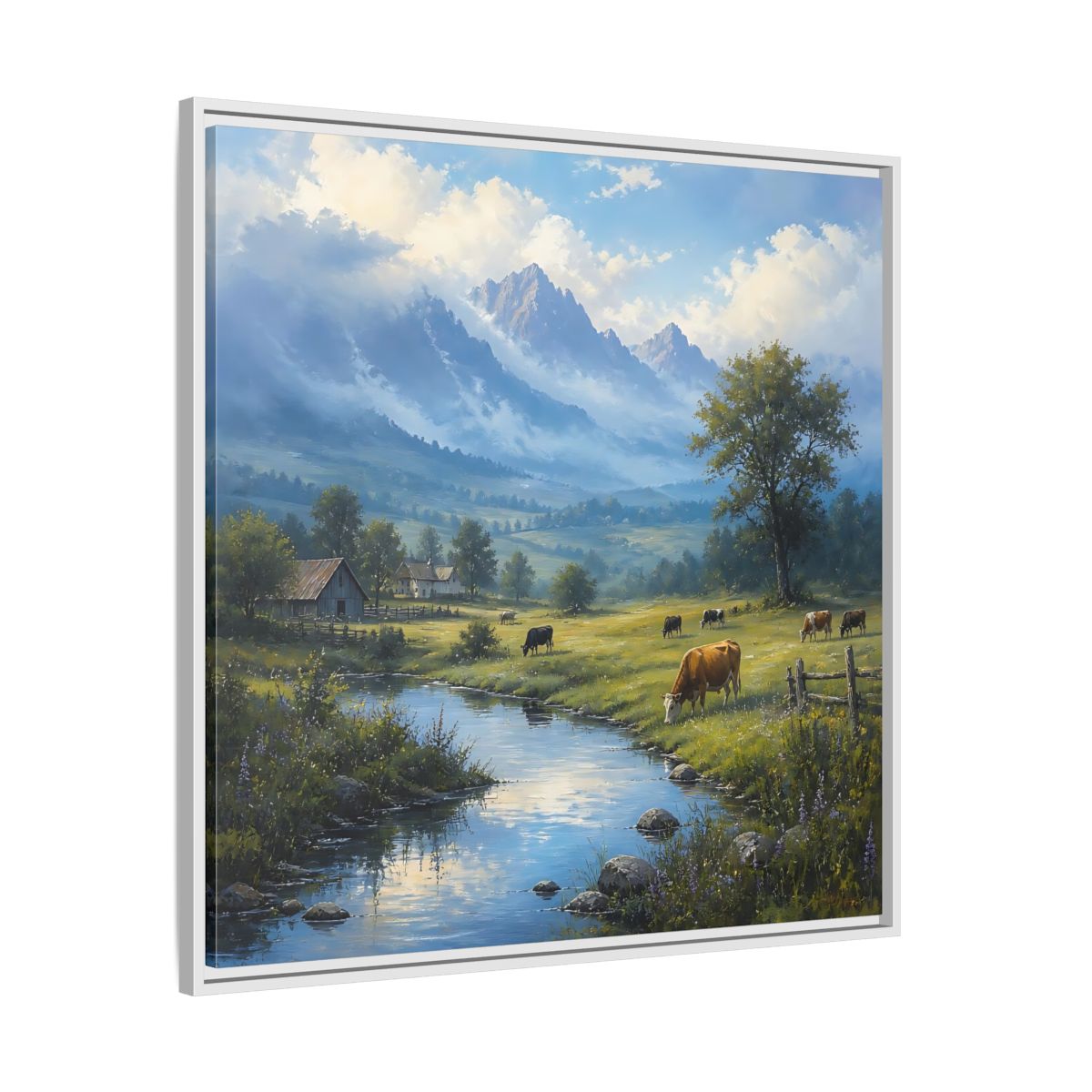 Side Mockup 25. Nature Cows Pastoral Farm Scene shown as stretched canvas wall art