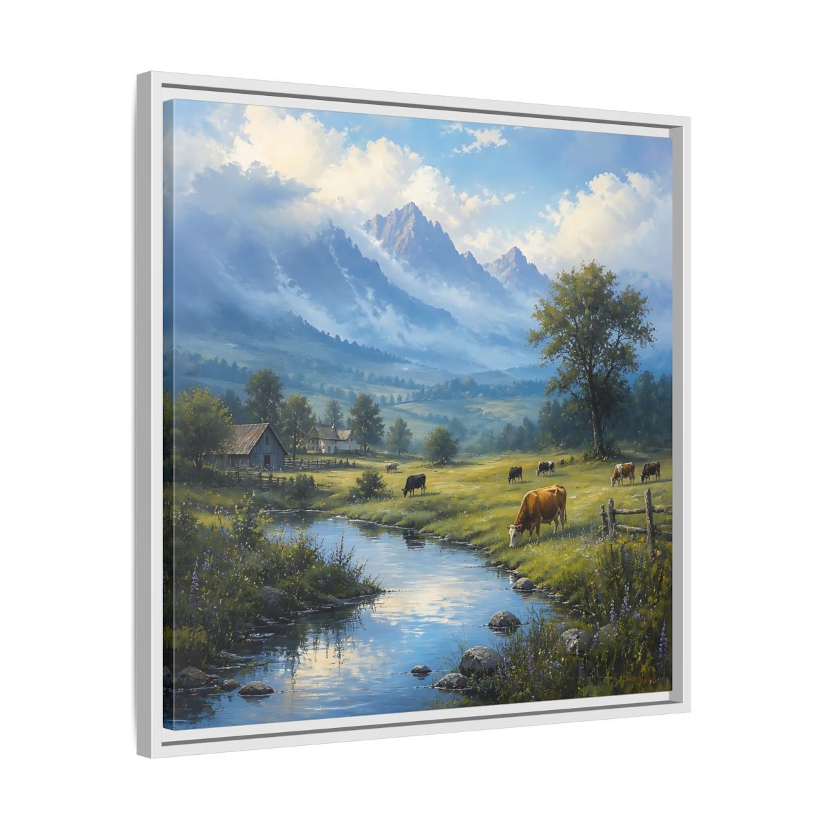 Side Mockup 26. Nature Cows Pastoral Farm Scene shown as stretched canvas wall art