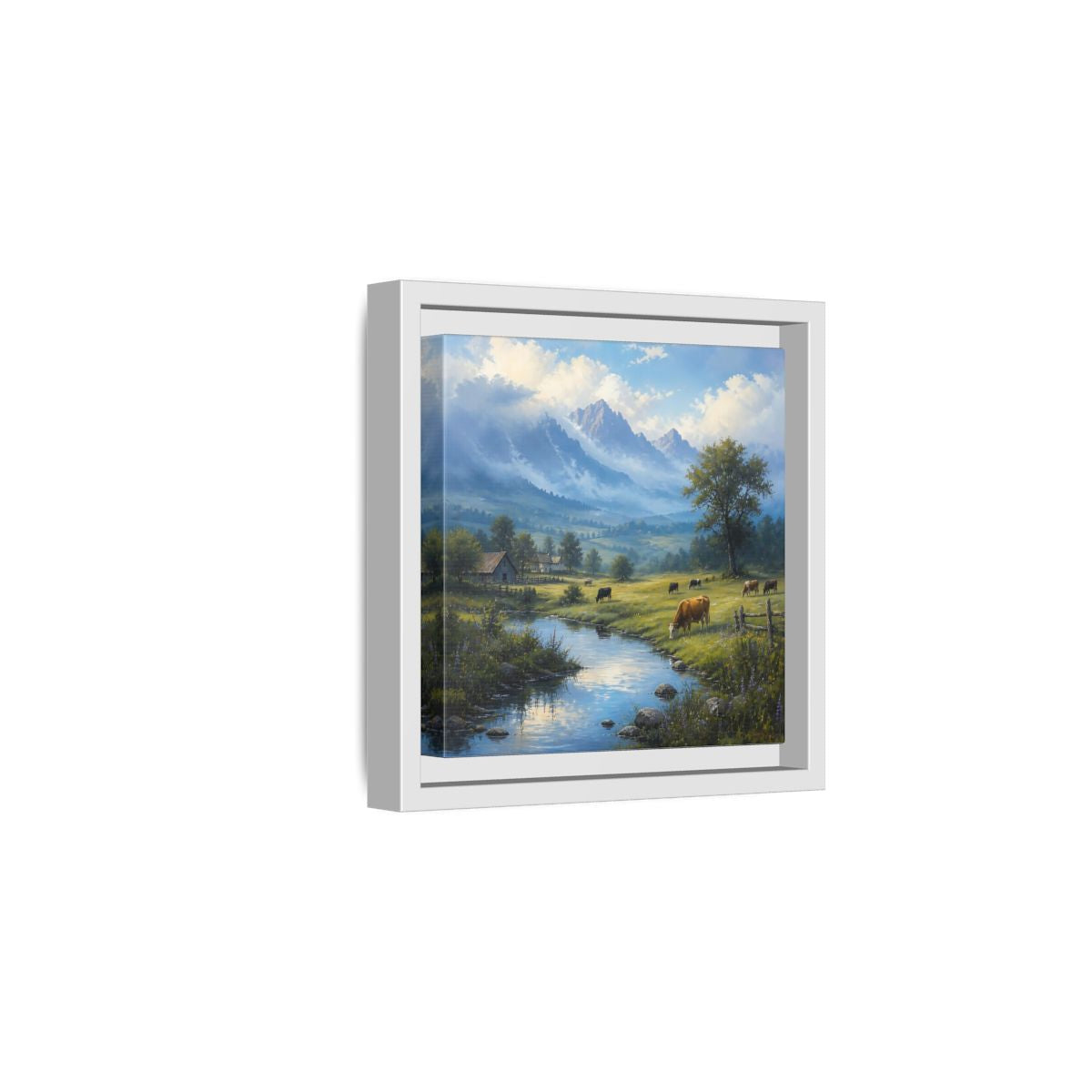 Side Mockup 1. Nature Cows Pastoral Farm Scene shown as stretched canvas wall art