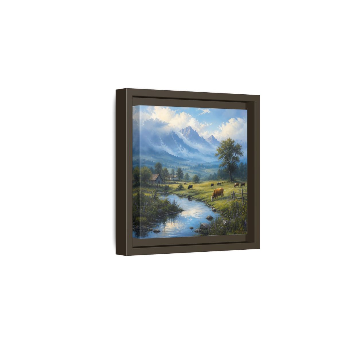 Side Mockup 2. Nature Cows Pastoral Farm Scene shown as stretched canvas wall art