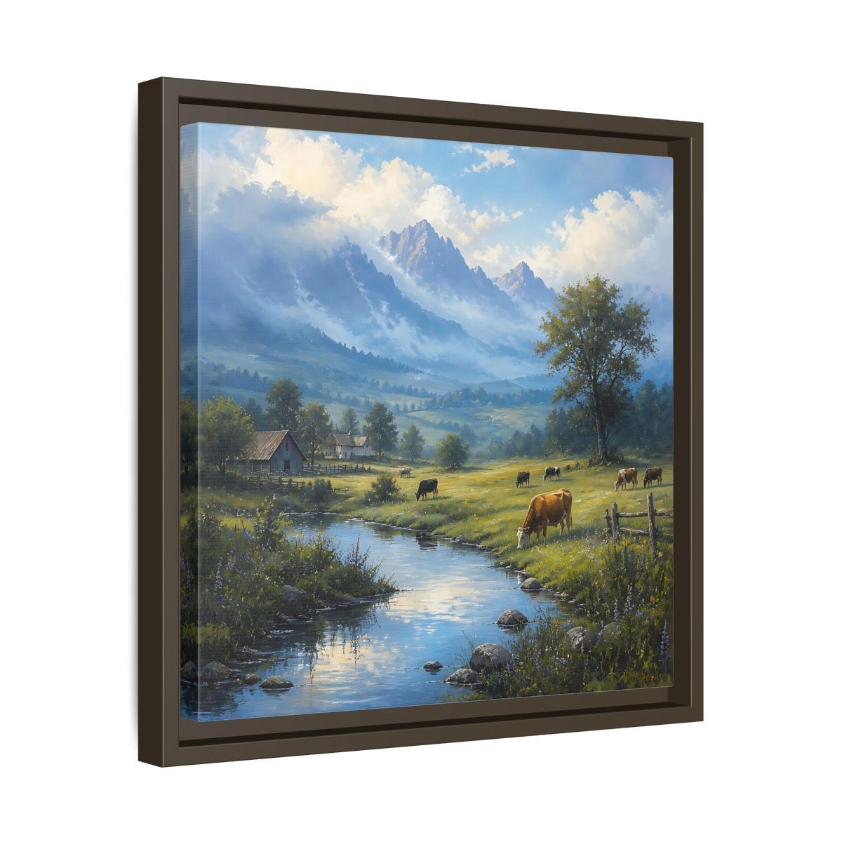 Side Mockup 29. Nature Cows Pastoral Farm Scene shown as stretched canvas wall art