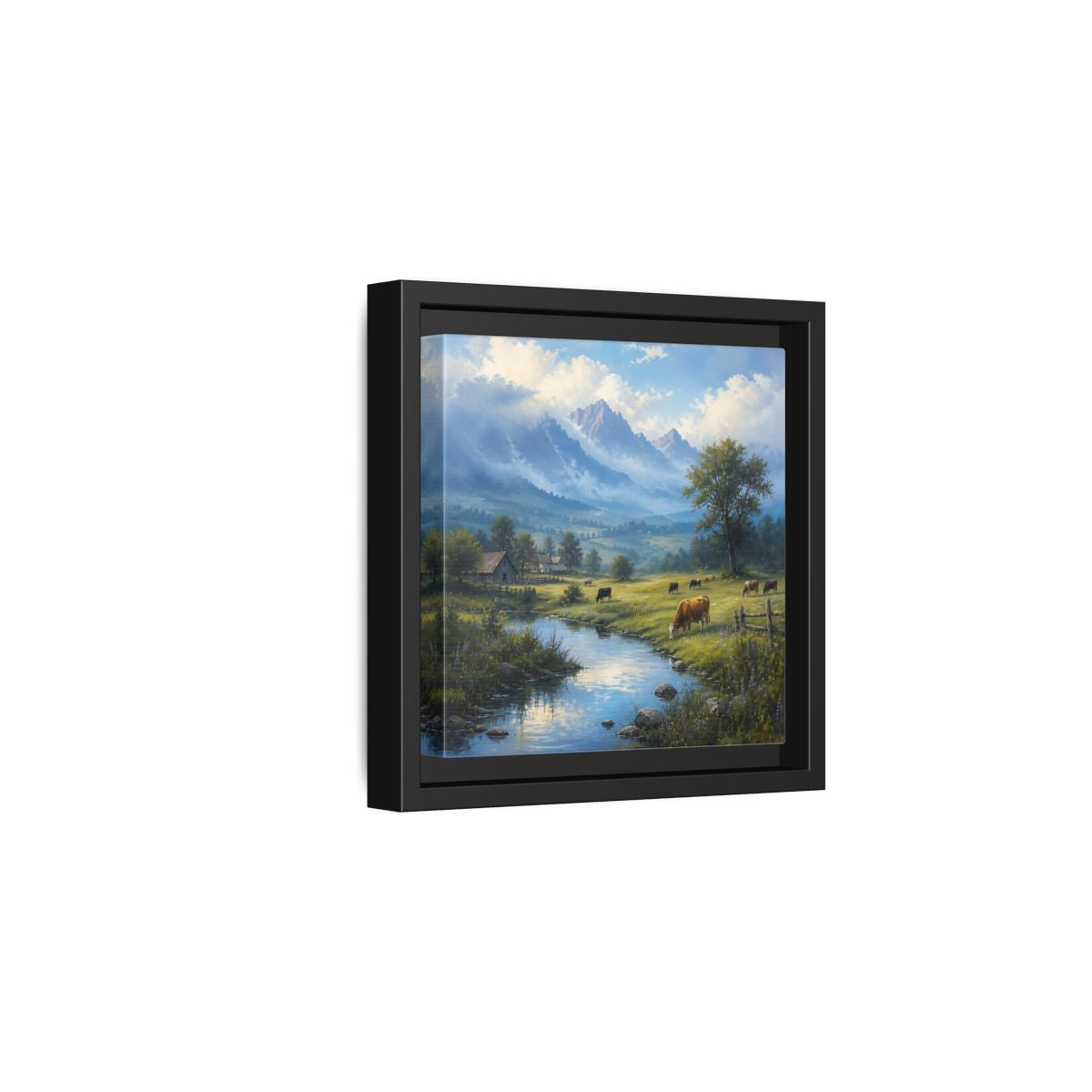 Side Mockup 3. Nature Cows Pastoral Farm Scene shown as stretched canvas wall art